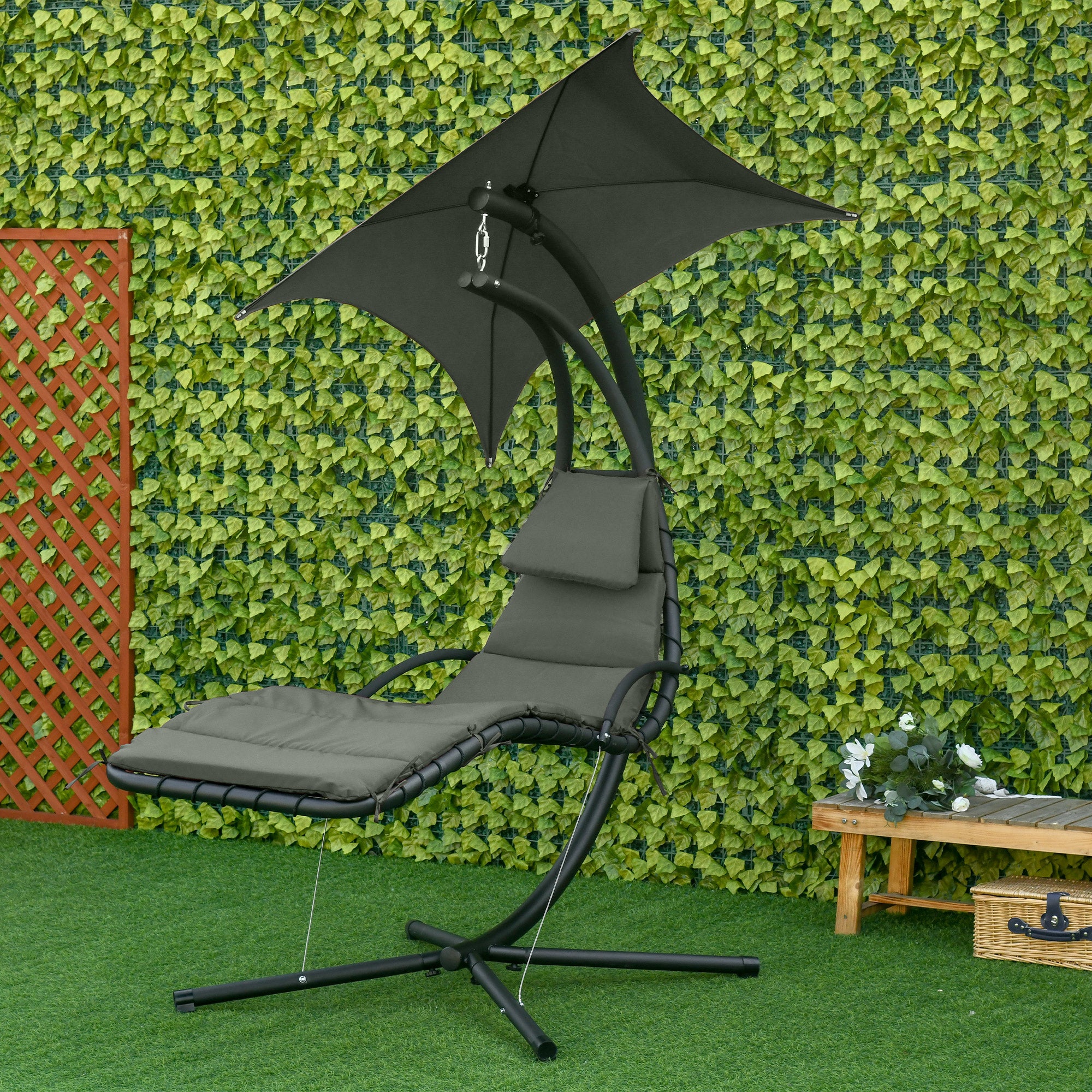 Outsunny Floating Chaise Lounge Outdoor Porch Swing Chair Hanging Hammock Reclining Seat  w/ Arc Stand & Canopy Umbrella Charcoal Grey