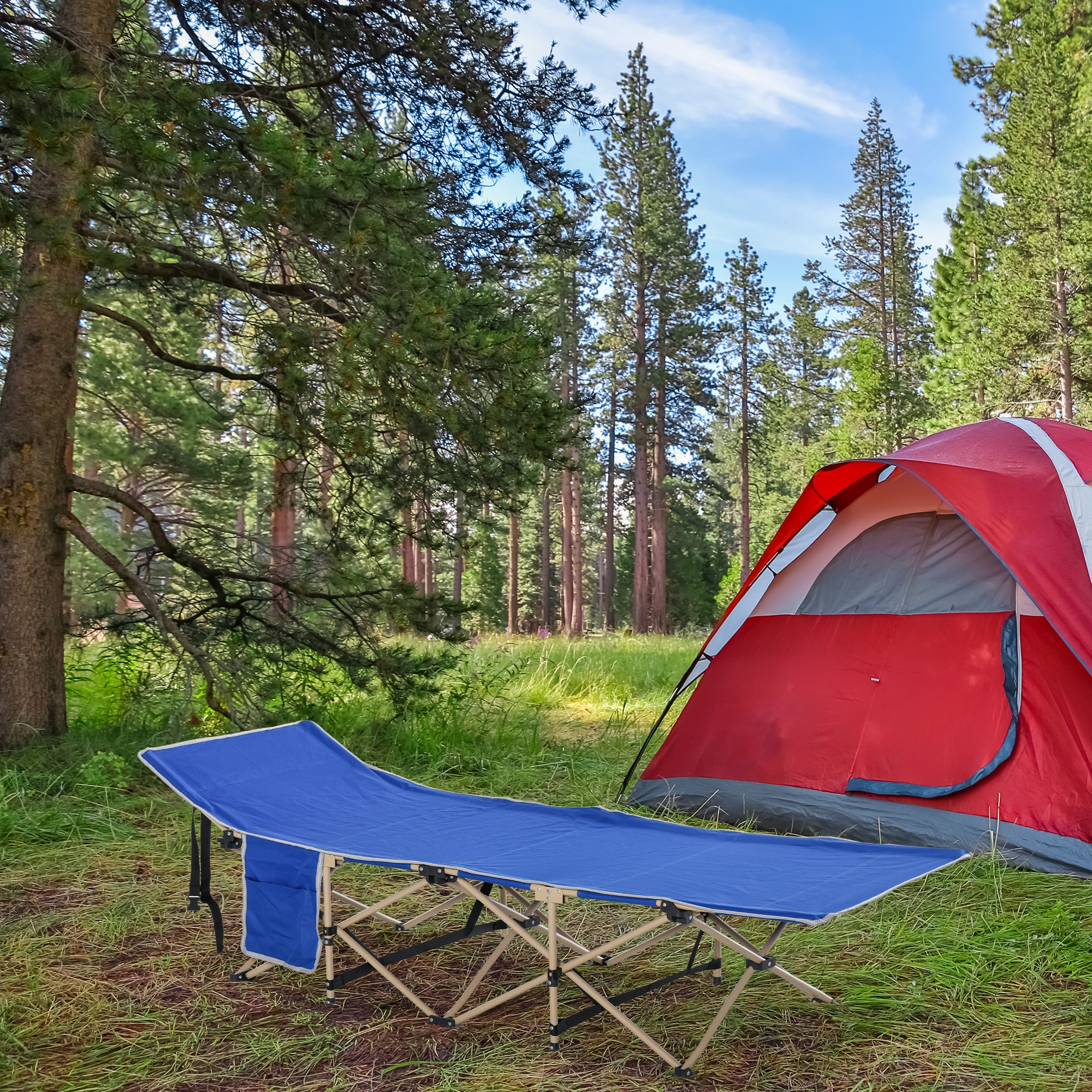 Outsunny Folding Camping Cot for Adults with Carry Bag, Side Pocket, Outdoor Portable Sleeping Bed for Travel Camp Vocation, Navy Blue