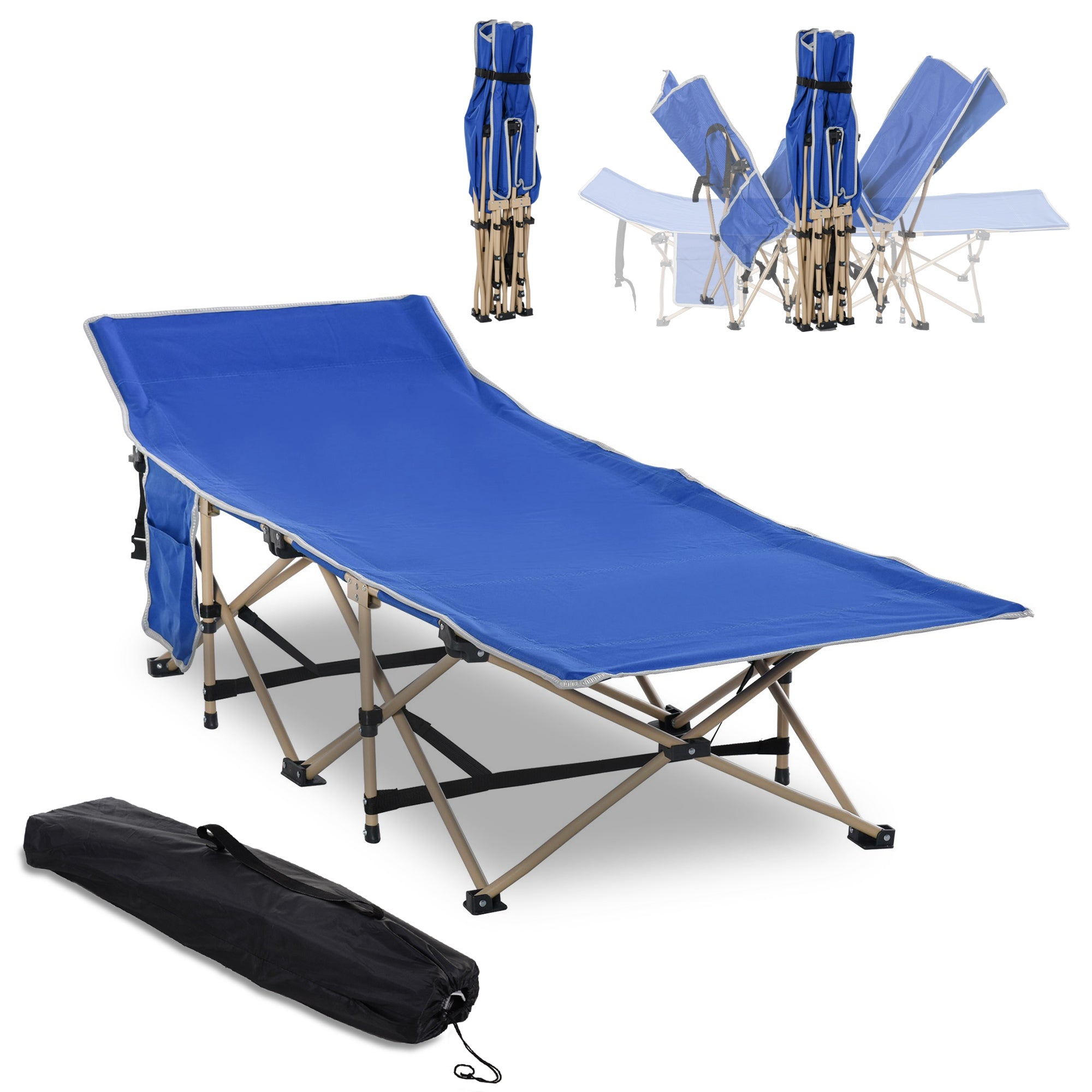 Outsunny Folding Camping Cot for Adults with Carry Bag, Side Pocket, Outdoor Portable Sleeping Bed for Travel Camp Vocation, Navy Blue