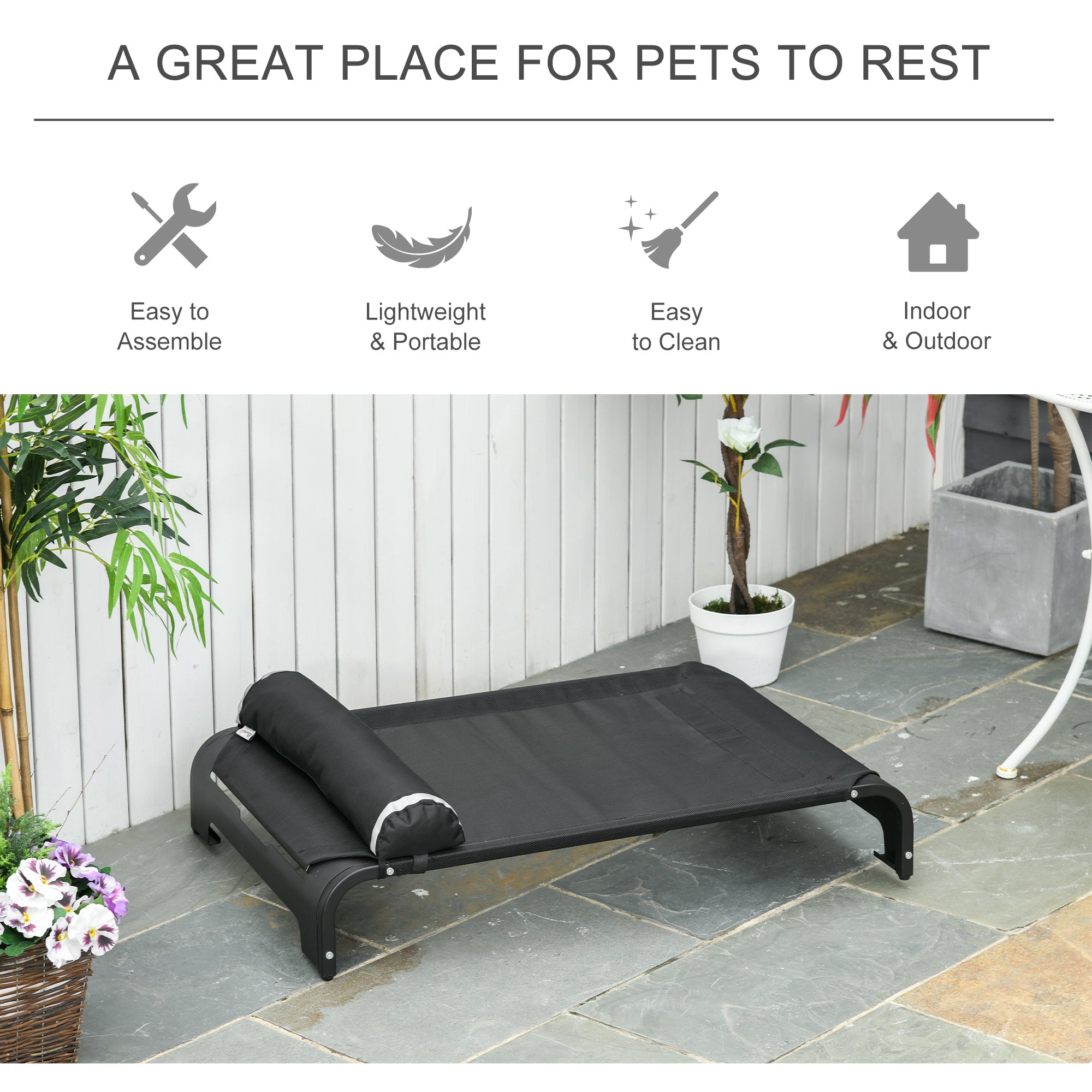 PawHut Elevated Dog Bed w/ Removable Pillow, Raised Pet Bed w/ Steel Frame & Breathable Mesh Fabric for Large and Medium Sized Dogs, Black