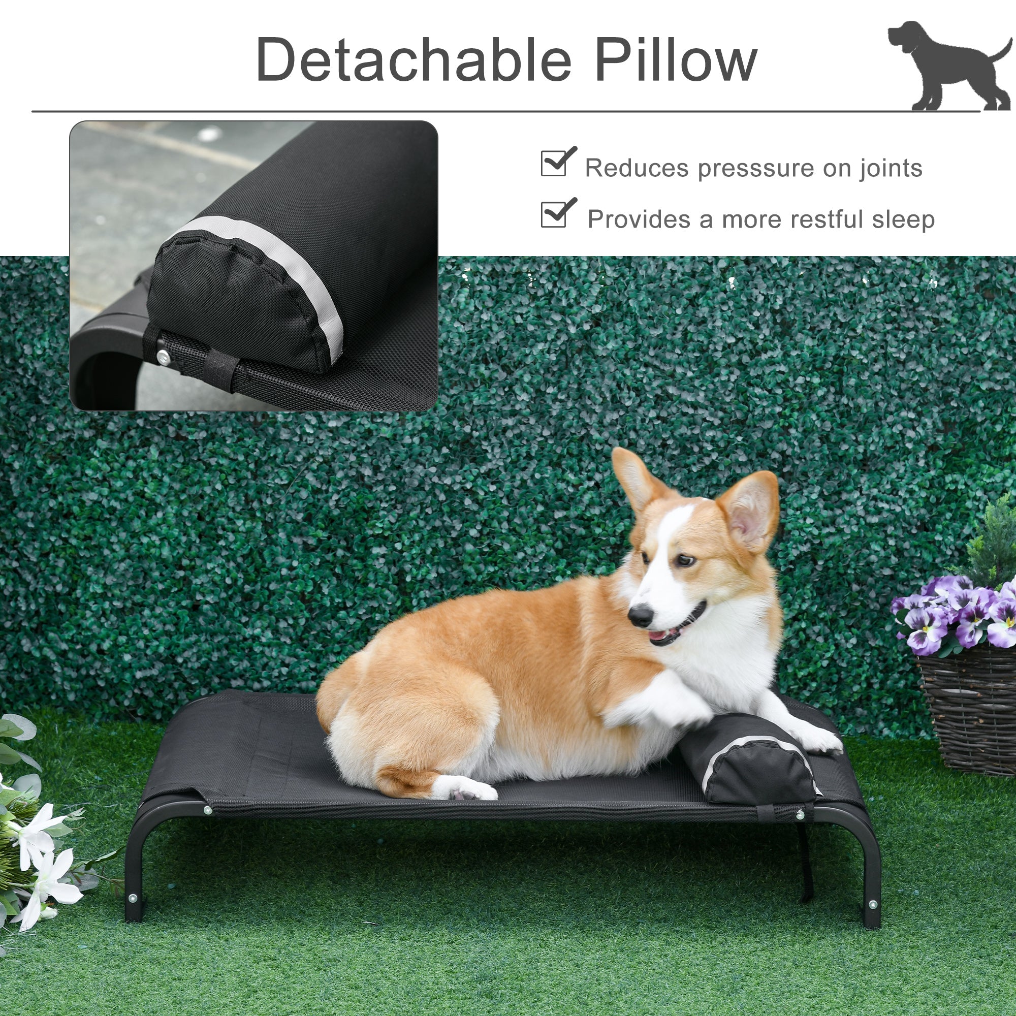 PawHut Elevated Dog Bed w/ Removable Pillow, Raised Pet Bed w/ Steel Frame & Breathable Mesh Fabric for Large and Medium Sized Dogs, Black