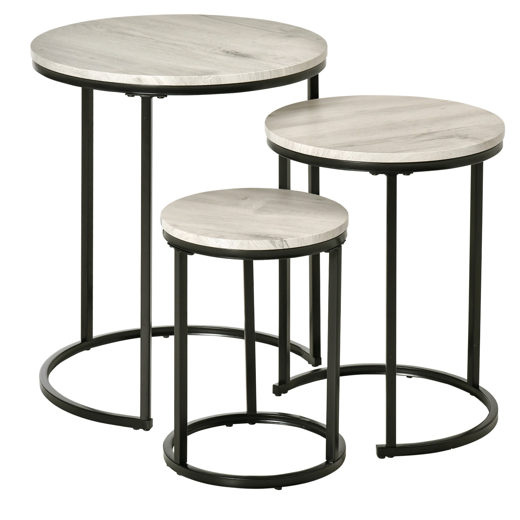 HOMCOM Nesting Tables Set of 3, Round Coffee Table, Modern Stacking Side Tables with Wood Grain Steel Frame for Living Room, Grey