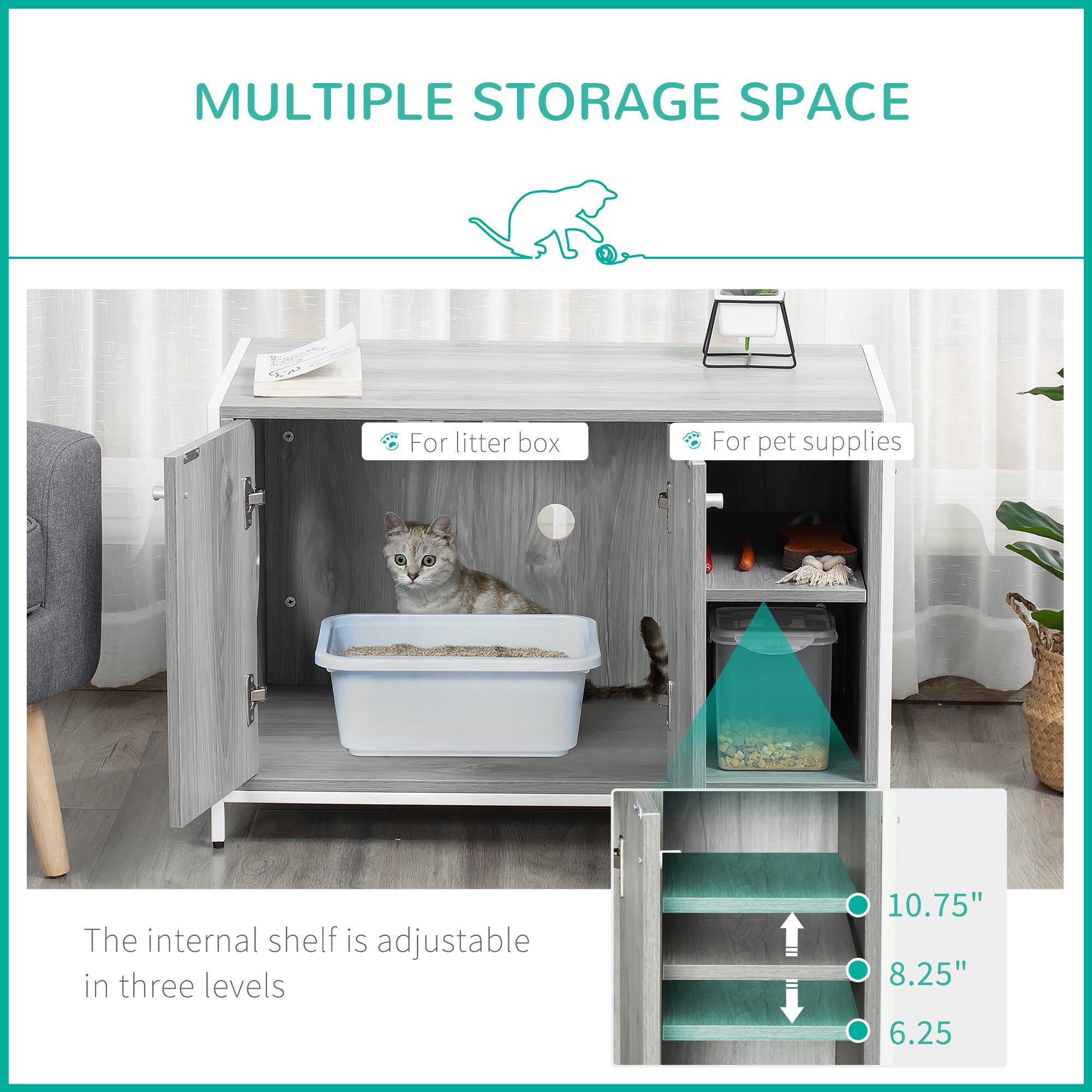 PawHut Cat Litter Box Enclosure Hidden Cat Furniture Cabinet Indoor Cat Washroom Double-door Nightstand End Table with Damping Hinge Multiple Storage Place Adjustable Partition Grey
