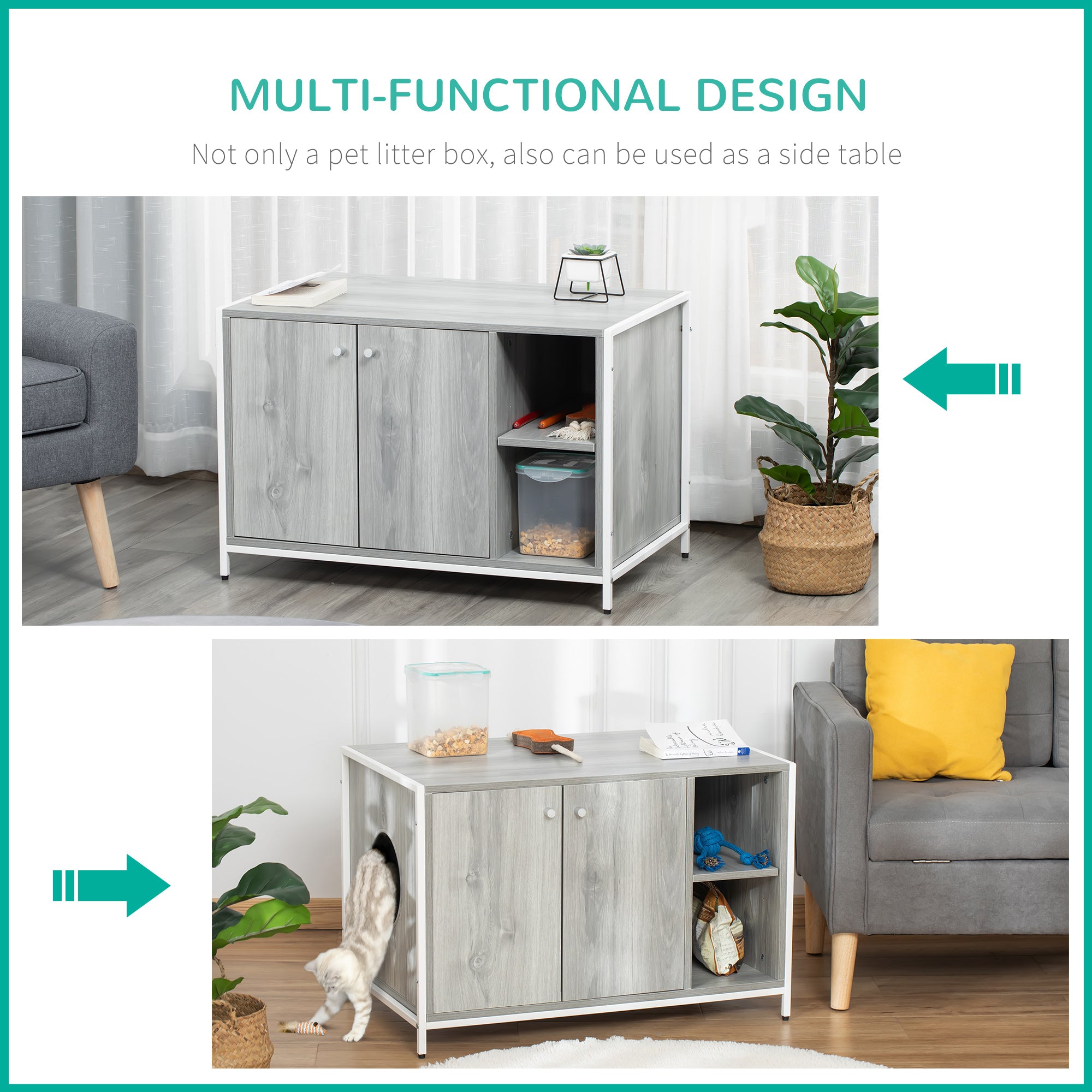 PawHut Cat Litter Box Enclosure Hidden Cat Furniture Cabinet Indoor Cat Washroom Double-door Nightstand End Table with Damping Hinge Multiple Storage Place Adjustable Partition Grey