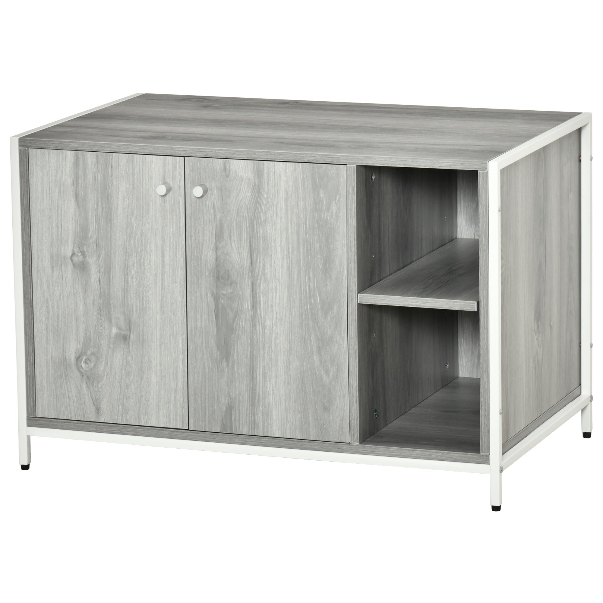 PawHut Cat Litter Box Enclosure Hidden Cat Furniture Cabinet Indoor Cat Washroom Double-door Nightstand End Table with Damping Hinge Multiple Storage Place Adjustable Partition Grey