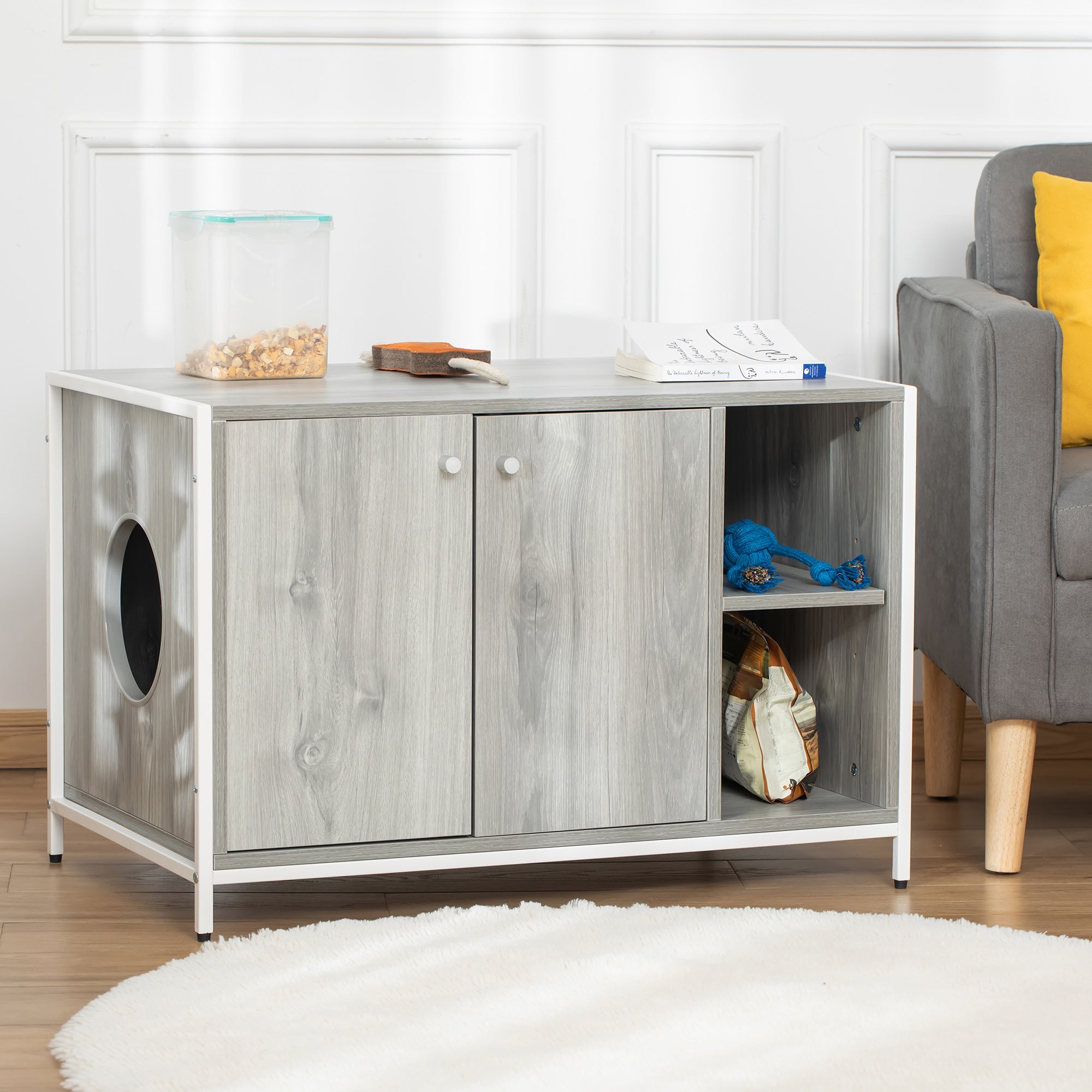 PawHut Cat Litter Box Enclosure Hidden Cat Furniture Cabinet Indoor Cat Washroom Double-door Nightstand End Table with Damping Hinge Multiple Storage Place Adjustable Partition Grey