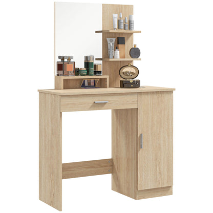 HOMCOM Vanity Table, Makeup Table with Mirror, Drawer and Storage Shelves for Bedroom (Maple Wood)