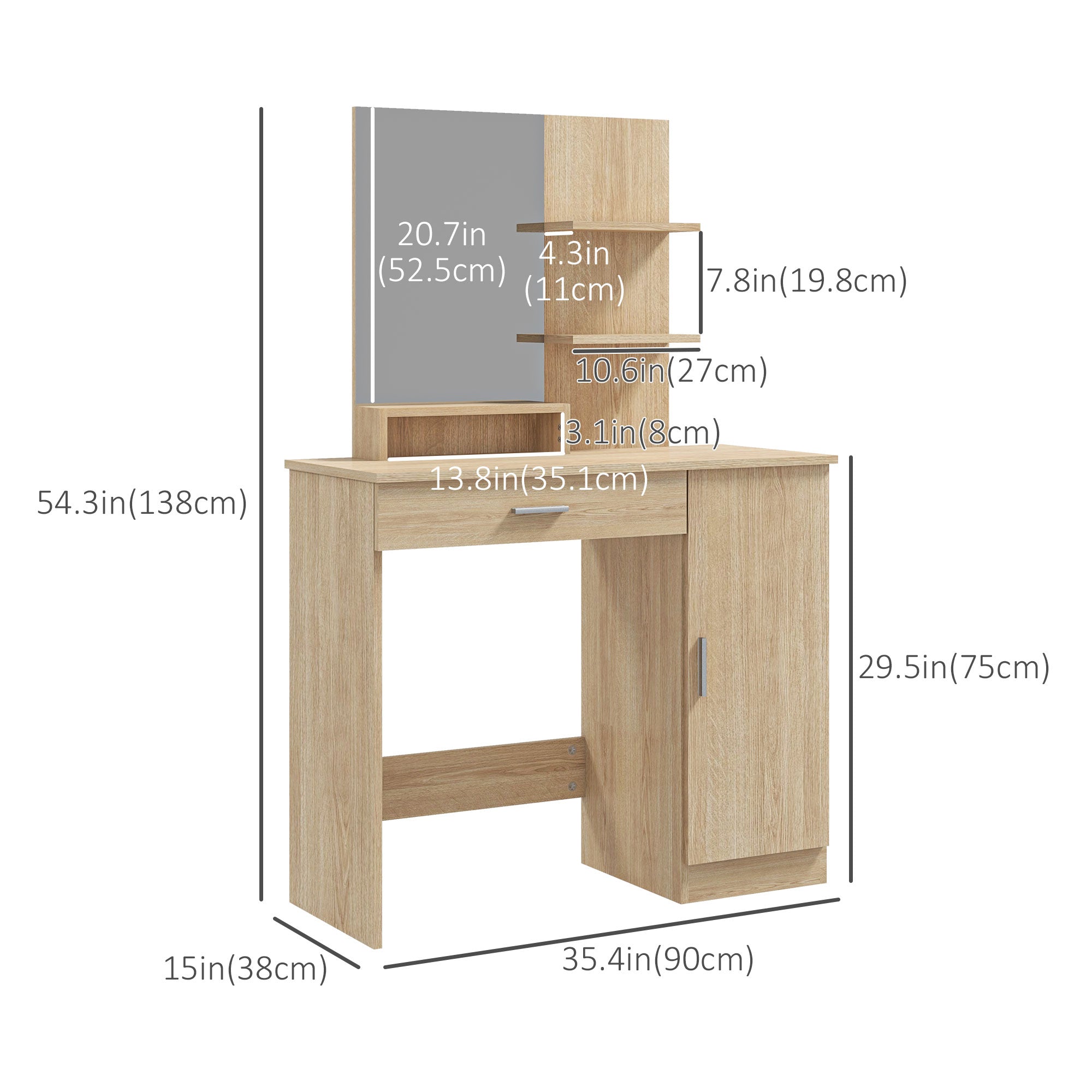 HOMCOM Vanity Table, Makeup Table with Mirror, Drawer and Storage Shelves for Bedroom (Maple Wood)