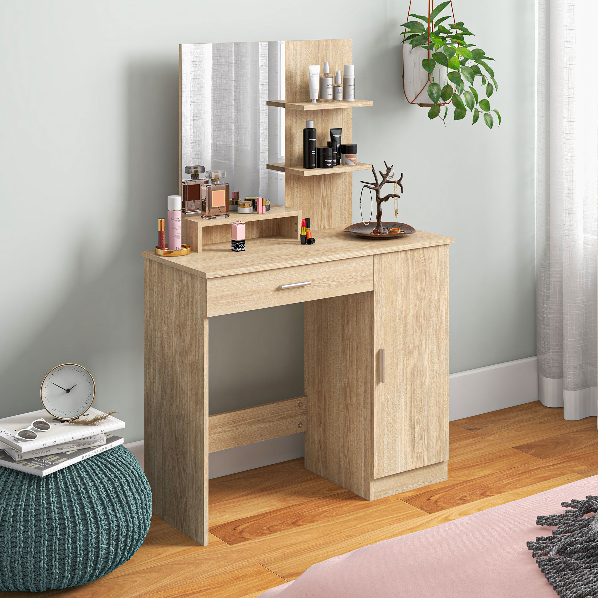 HOMCOM Vanity Table, Makeup Table with Mirror, Drawer and Storage Shelves for Bedroom (Maple Wood)