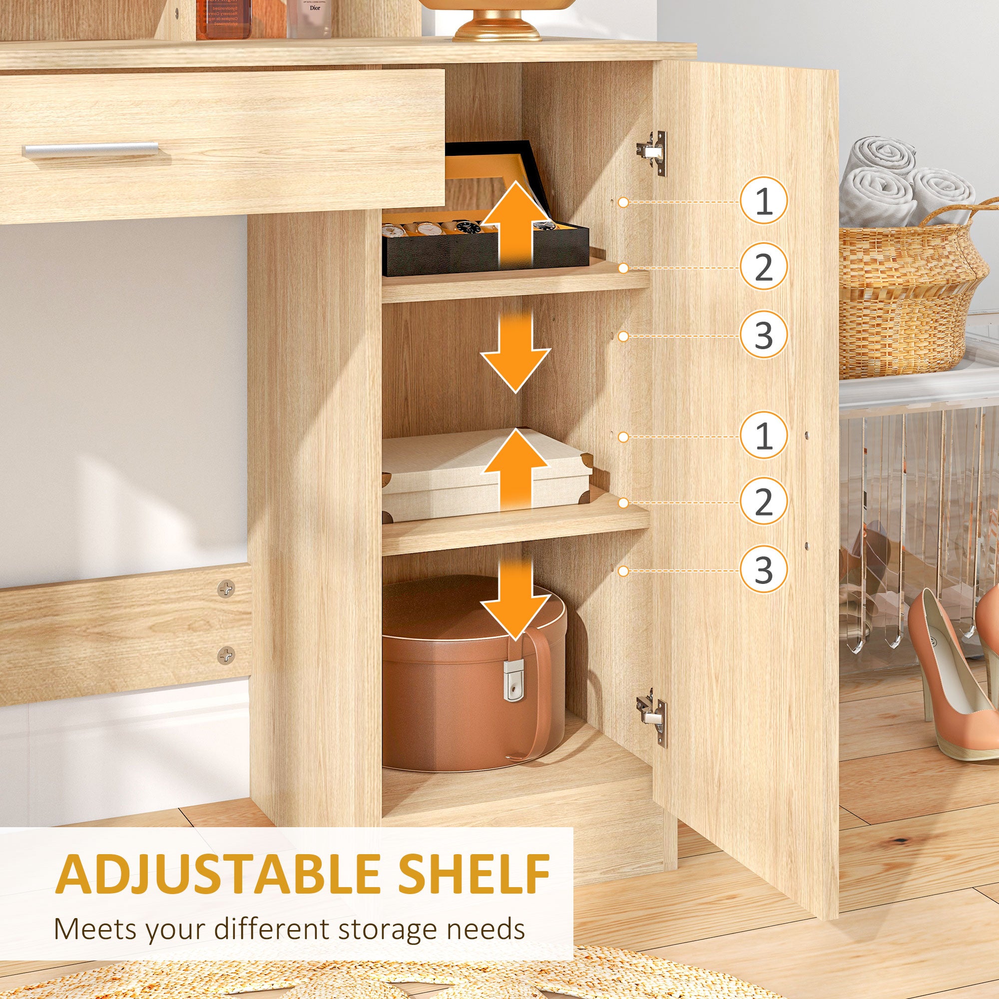 HOMCOM Vanity Table, Makeup Table with Mirror, Drawer and Storage Shelves for Bedroom (Maple Wood)