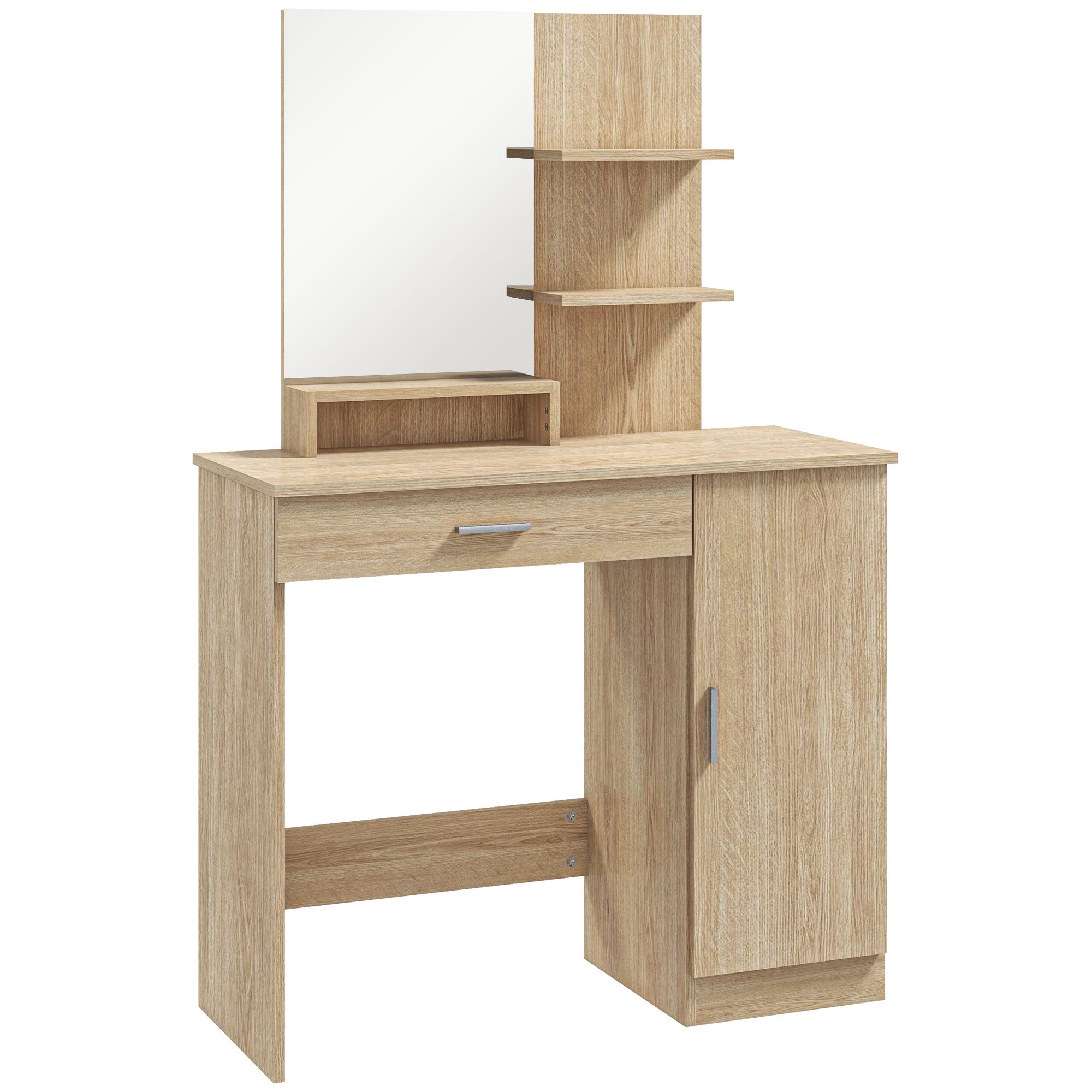 HOMCOM Vanity Table, Makeup Table with Mirror, Drawer and Storage Shelves for Bedroom (Maple Wood)