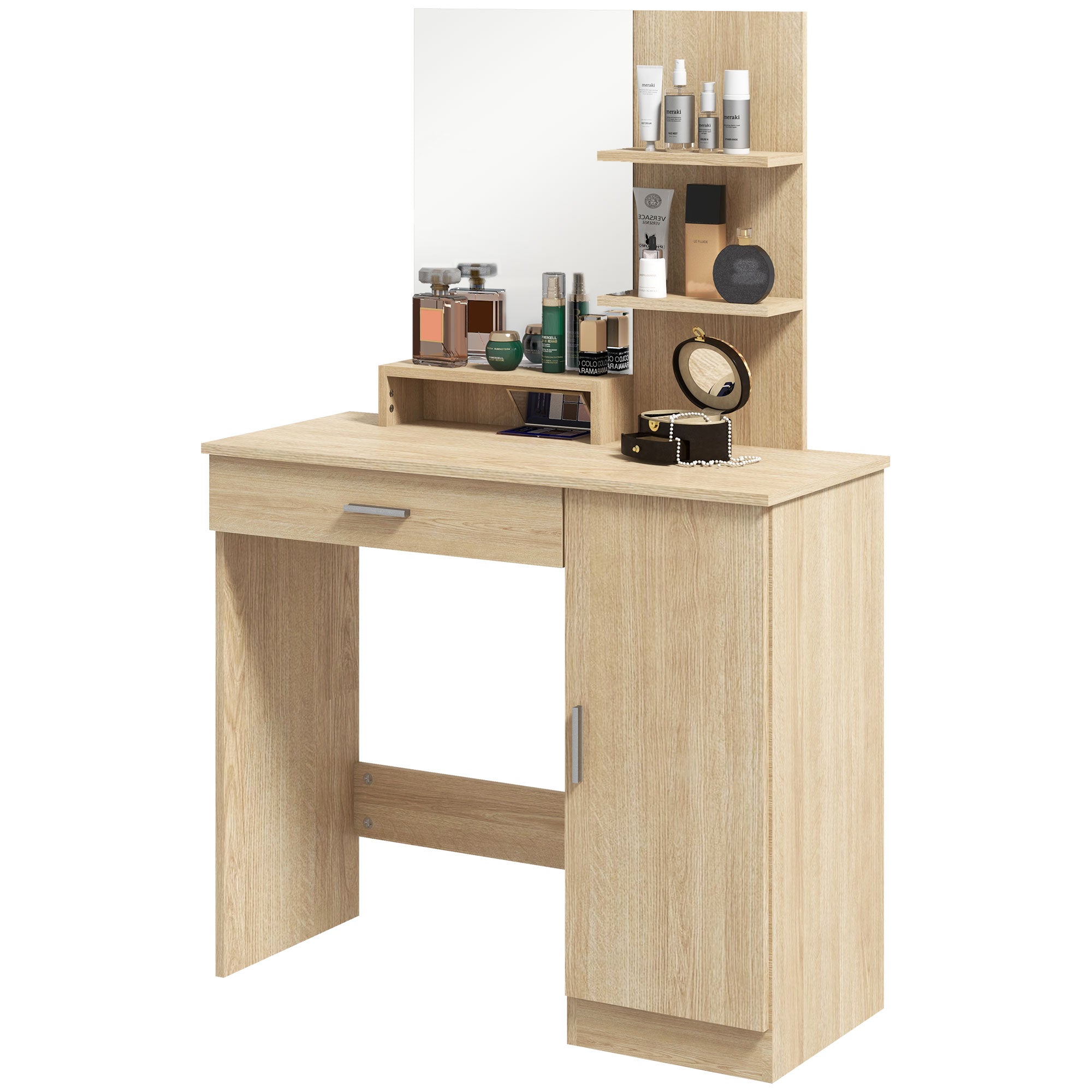 HOMCOM Vanity Table, Makeup Table with Mirror, Drawer and Storage Shelves for Bedroom (Maple Wood)