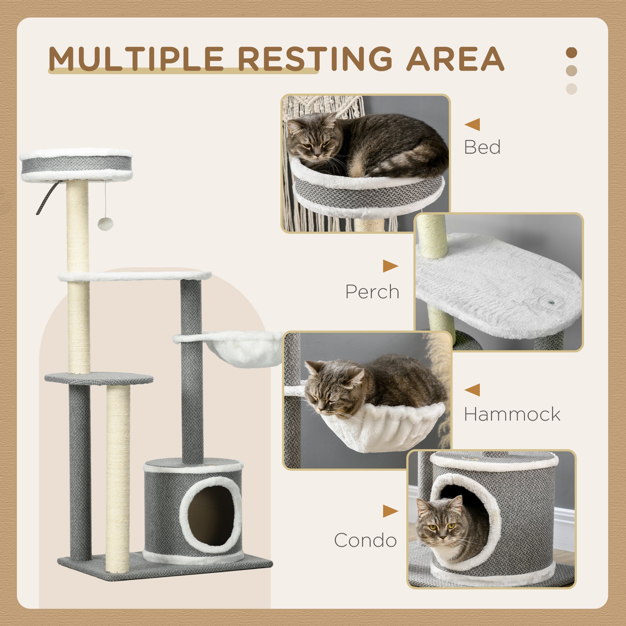 PawHut 132cm Cat Tree for Indoor Cats, Cat Tower with Scratching Post, Bed, Hammock, Cat House, Perches, Toy Ball, Multi-Level Cat Climbing Frame