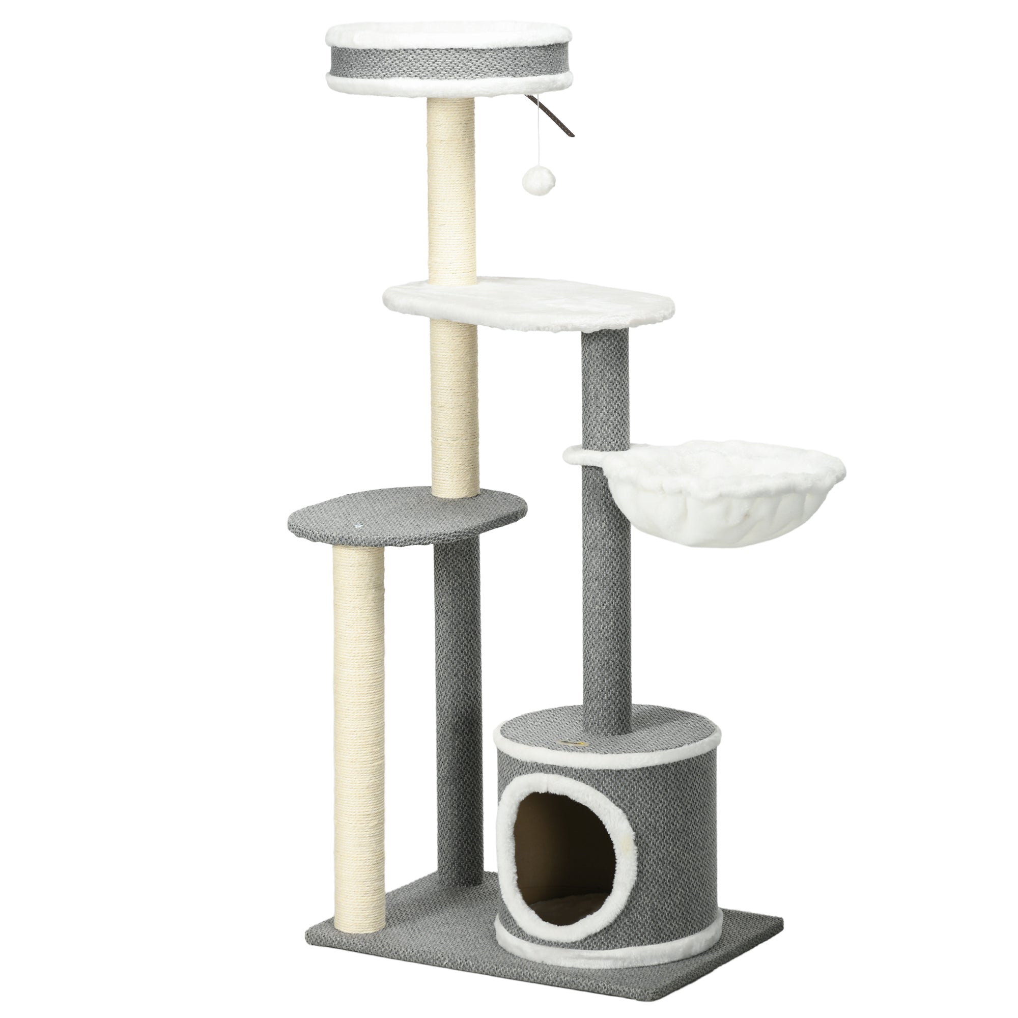 PawHut 132cm Cat Tree for Indoor Cats, Cat Tower with Scratching Post, Bed, Hammock, Cat House, Perches, Toy Ball, Multi-Level Cat Climbing Frame