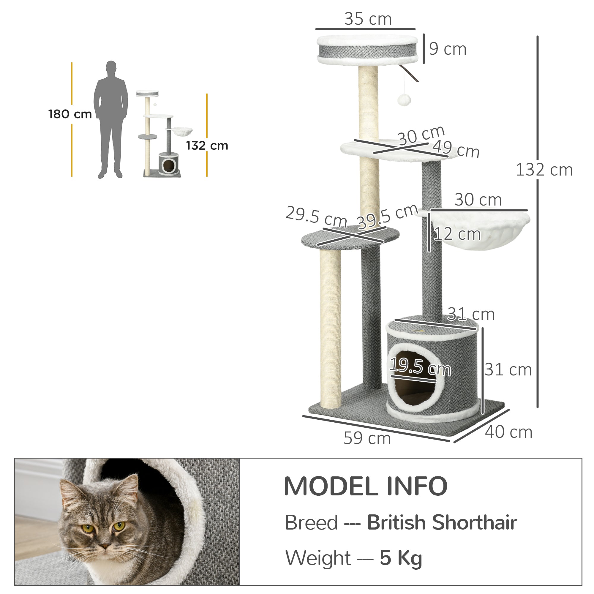 PawHut 132cm Cat Tree for Indoor Cats, Cat Tower with Scratching Post, Bed, Hammock, Cat House, Perches, Toy Ball, Multi-Level Cat Climbing Frame