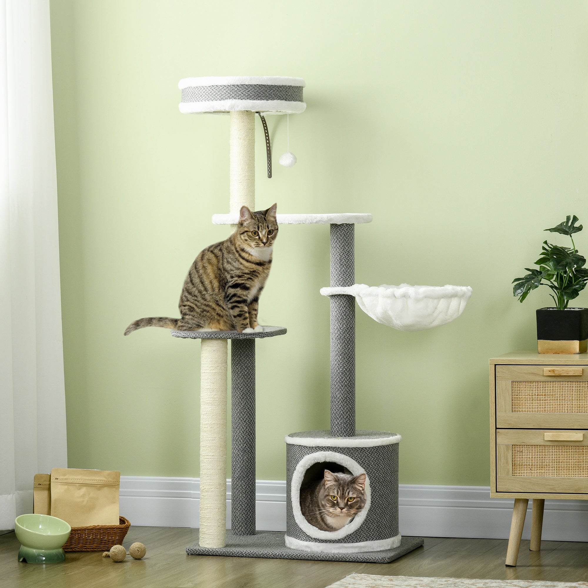 PawHut 132cm Cat Tree for Indoor Cats, Cat Tower with Scratching Post, Bed, Hammock, Cat House, Perches, Toy Ball, Multi-Level Cat Climbing Frame
