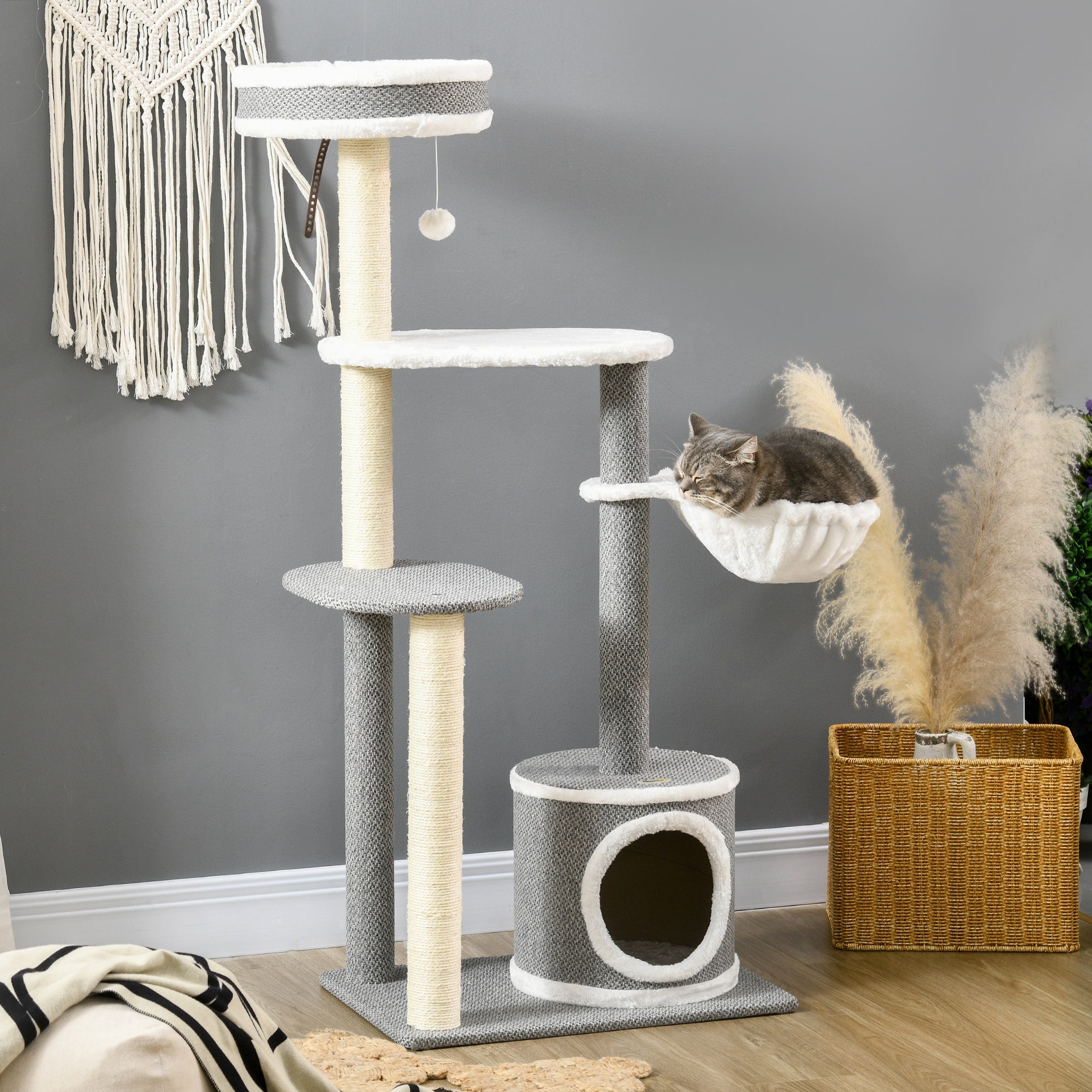 PawHut 132cm Cat Tree for Indoor Cats, Cat Tower with Scratching Post, Bed, Hammock, Cat House, Perches, Toy Ball, Multi-Level Cat Climbing Frame