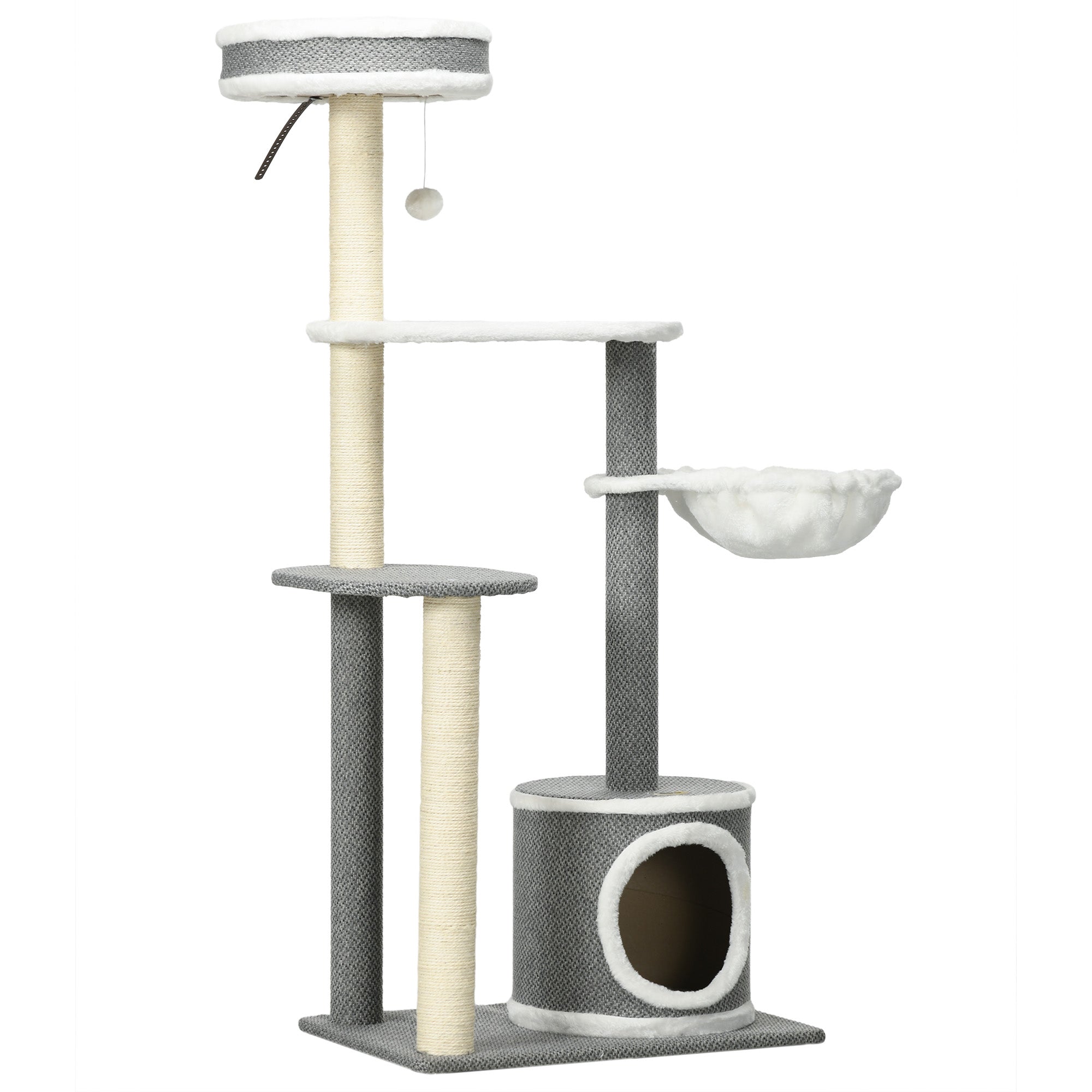PawHut 132cm Cat Tree for Indoor Cats, Cat Tower with Scratching Post, Bed, Hammock, Cat House, Perches, Toy Ball, Multi-Level Cat Climbing Frame