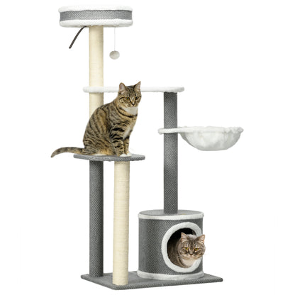 PawHut 132cm Cat Tree for Indoor Cats, Cat Tower with Scratching Post, Bed, Hammock, Cat House, Perches, Toy Ball, Multi-Level Cat Climbing Frame