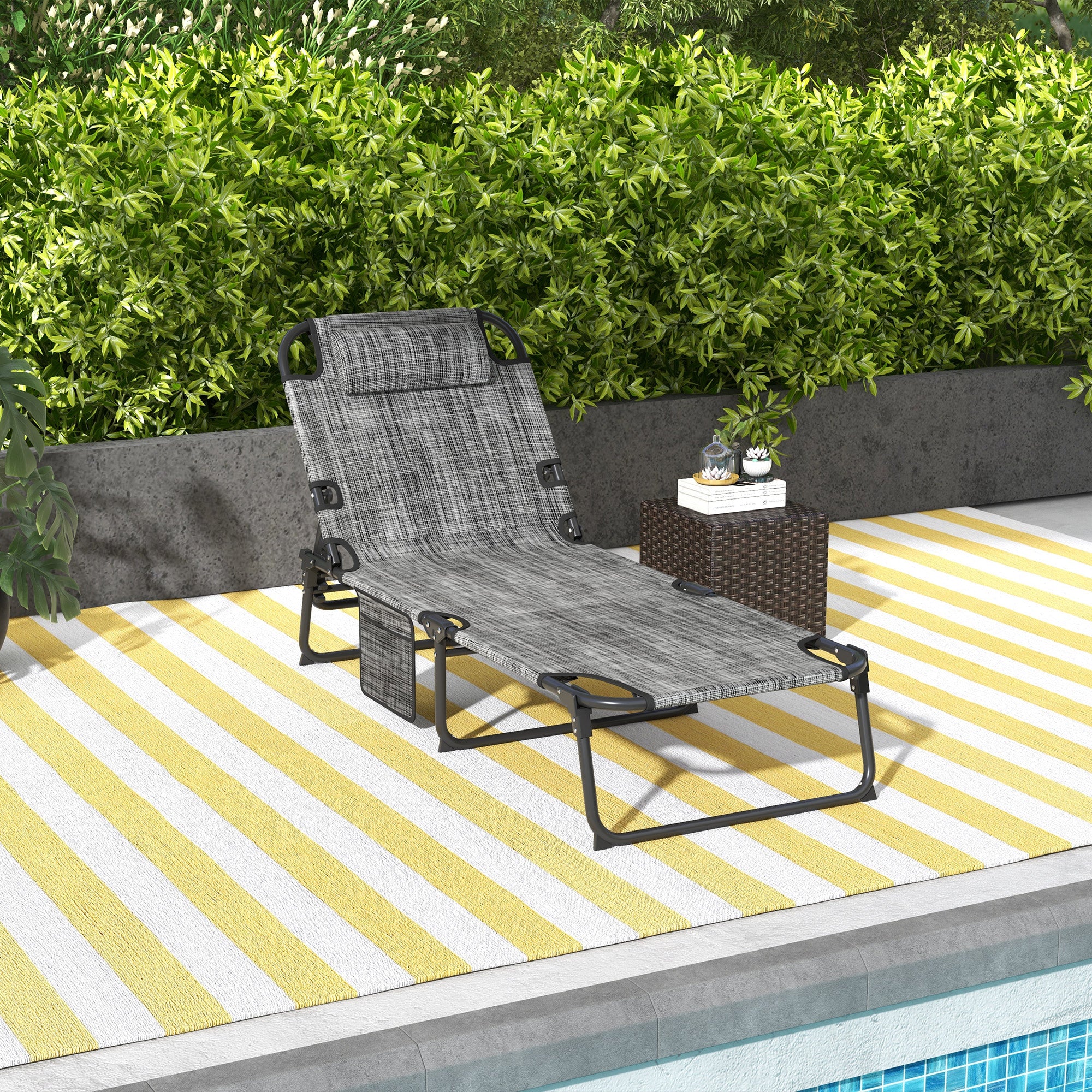 Outsunny Folding Lounge Chair with 4-level Reclining Back, Outdoor Tanning Chair with Cushion, Outdoor Lounge Chair with Breathable Mesh Fabric, Side Pocket, Headrest, Grey