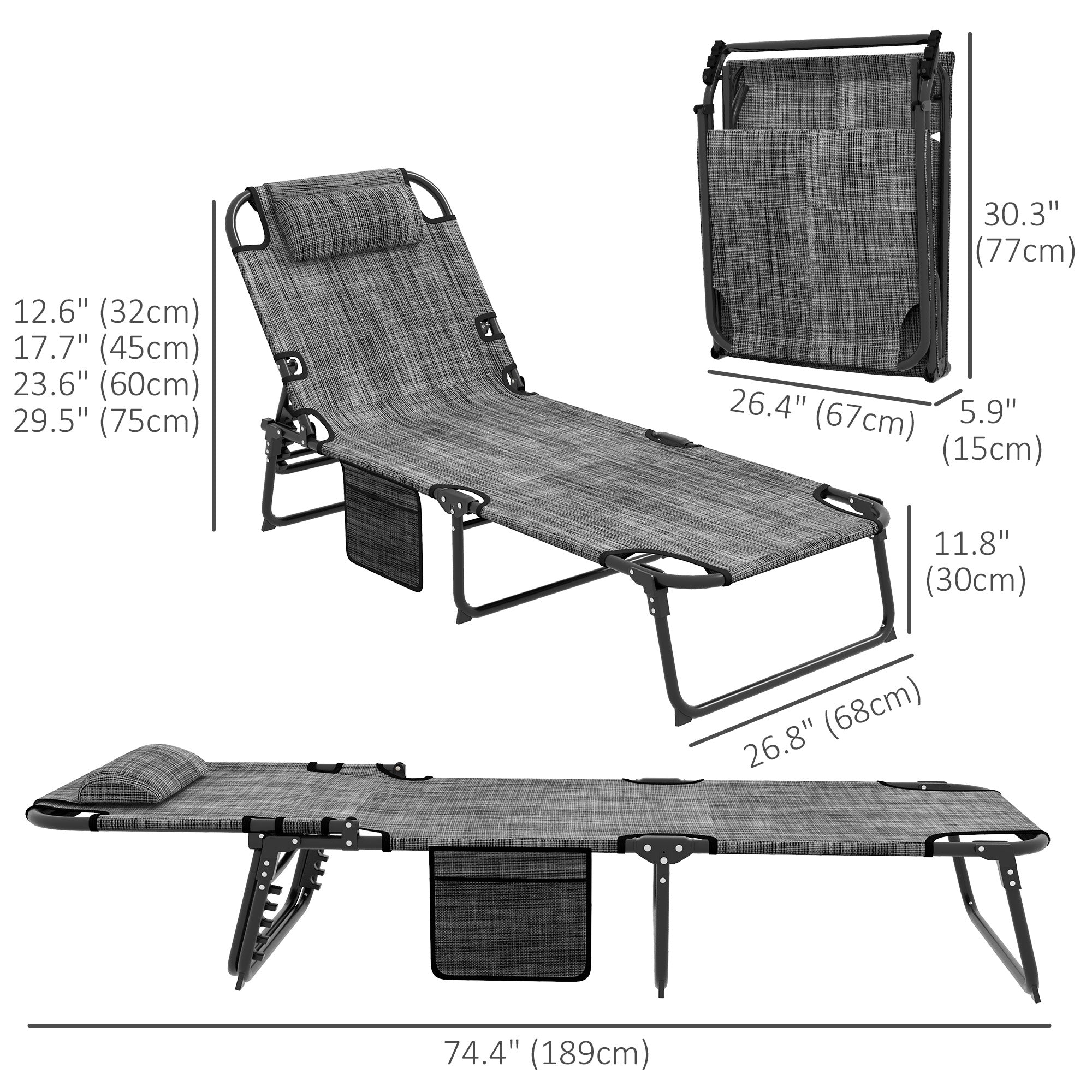 Outsunny Folding Lounge Chair with 4-level Reclining Back, Outdoor Tanning Chair with Cushion, Outdoor Lounge Chair with Breathable Mesh Fabric, Side Pocket, Headrest, Grey