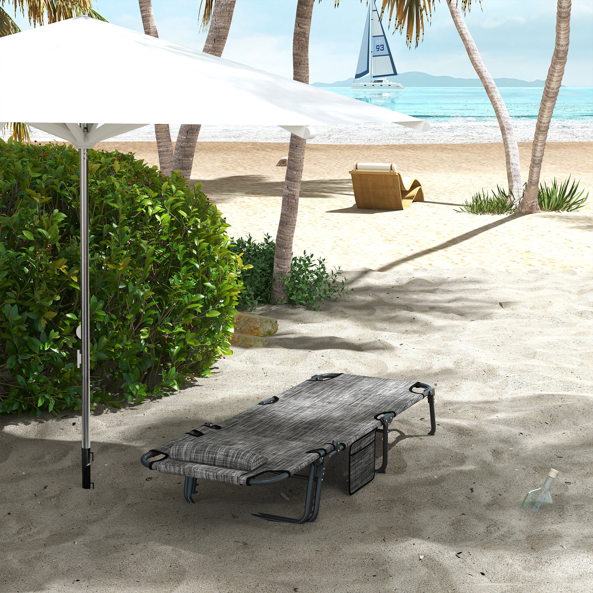 Outsunny Folding Lounge Chair with 4-level Reclining Back, Outdoor Tanning Chair with Cushion, Outdoor Lounge Chair with Breathable Mesh Fabric, Side Pocket, Headrest, Grey