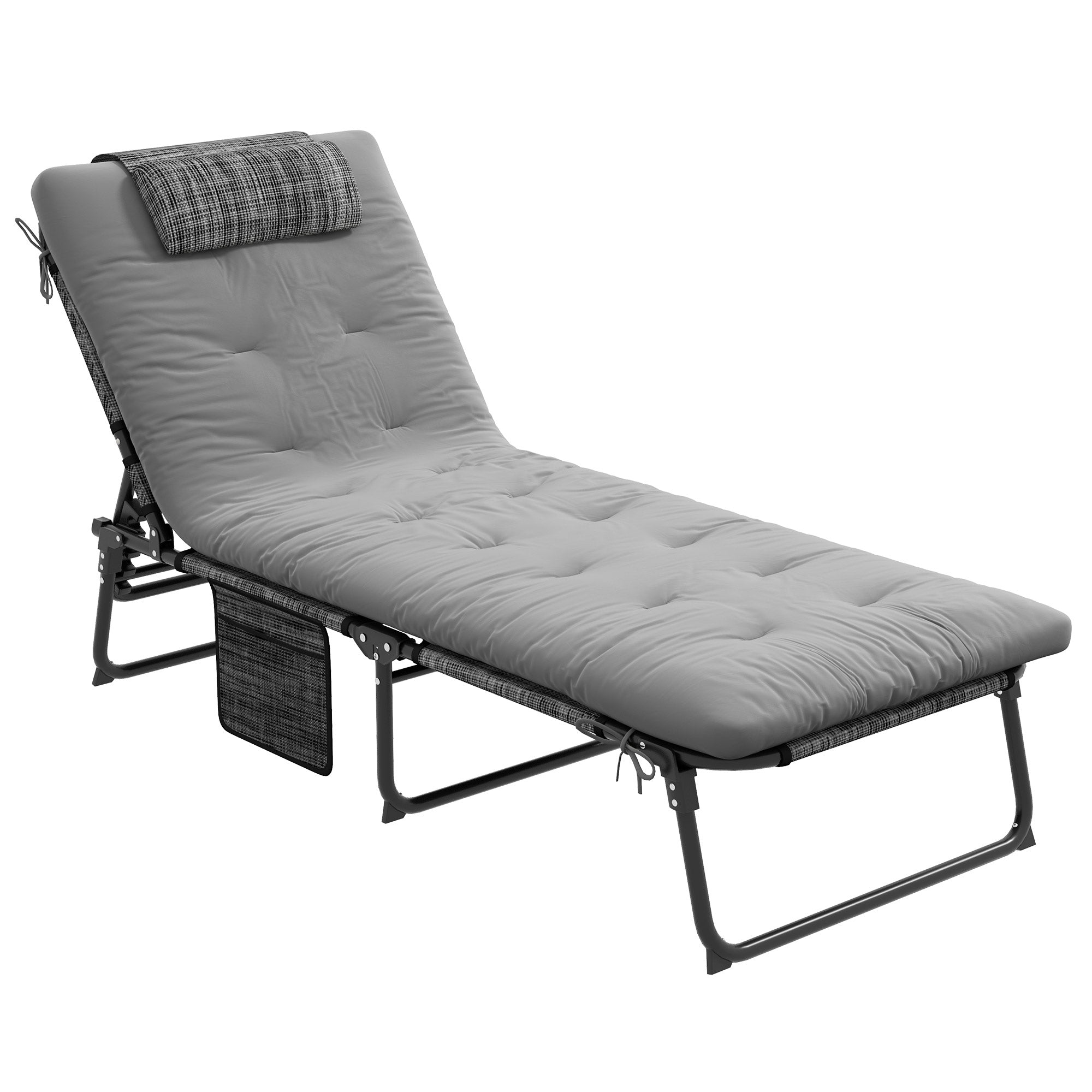 Outsunny Folding Lounge Chair with 4-level Reclining Back, Outdoor Tanning Chair with Cushion, Outdoor Lounge Chair with Breathable Mesh Fabric, Side Pocket, Headrest, Grey