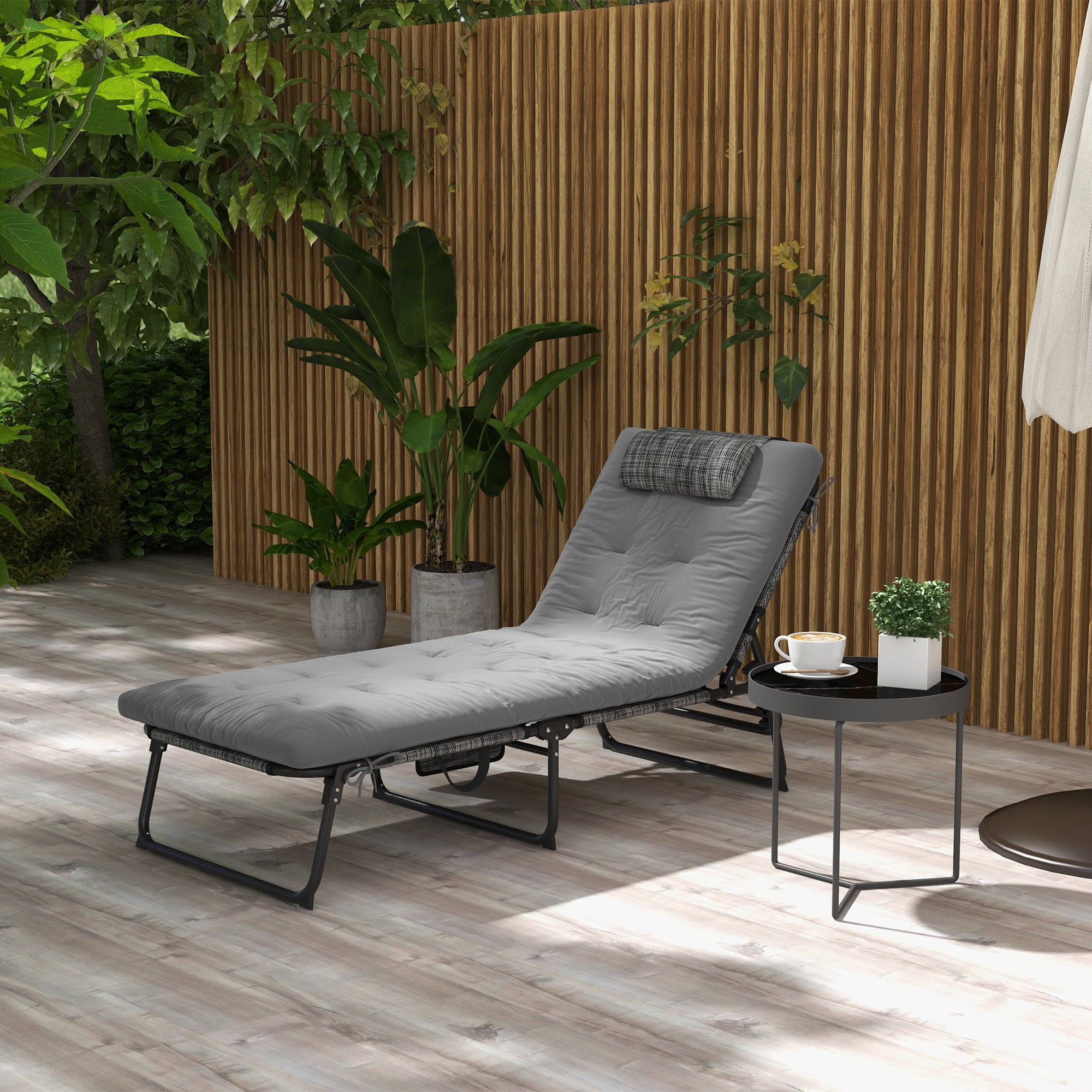 Outsunny Folding Lounge Chair with 4-level Reclining Back, Outdoor Tanning Chair with Cushion, Outdoor Lounge Chair with Breathable Mesh Fabric, Side Pocket, Headrest, Grey