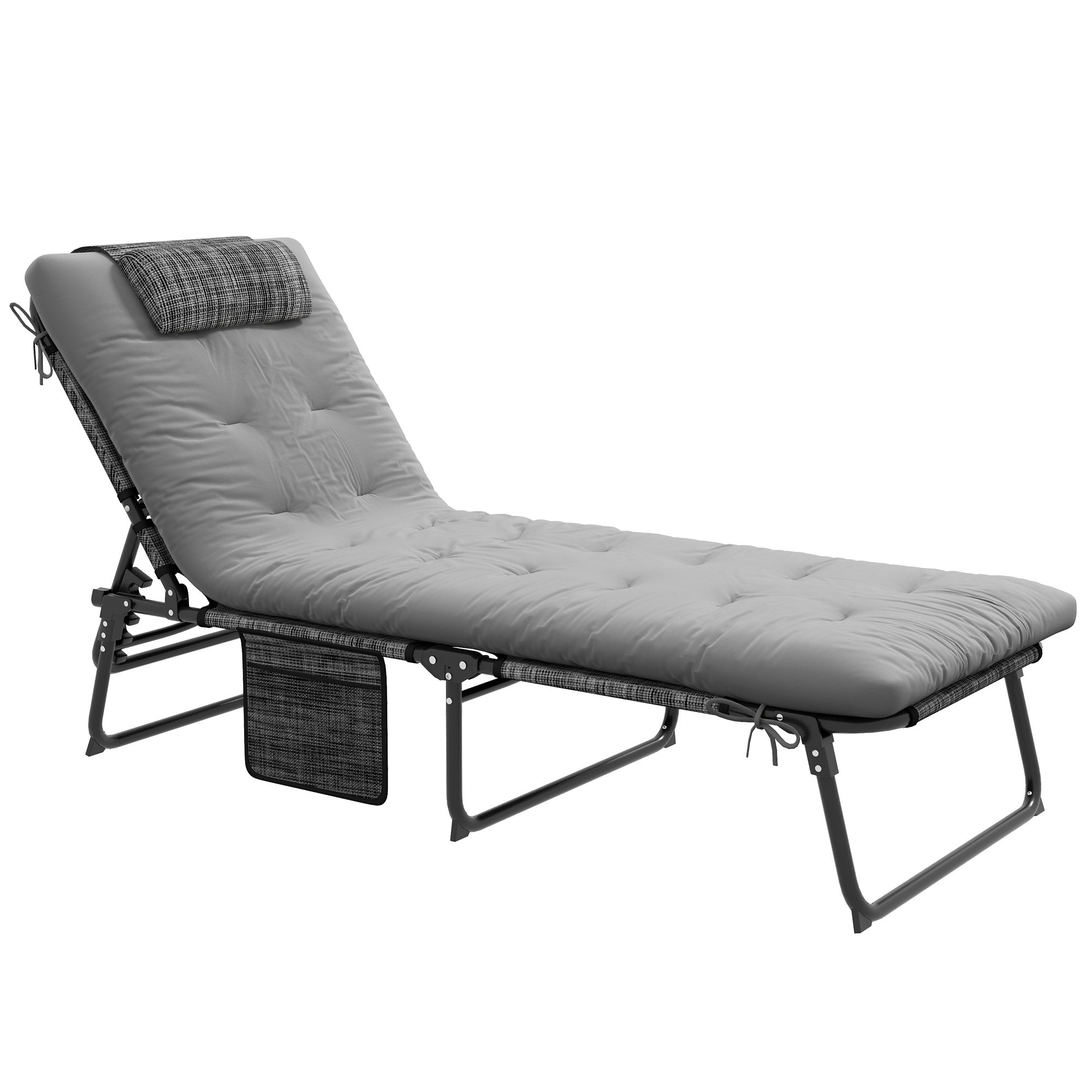 Outsunny Folding Lounge Chair with 4-level Reclining Back, Outdoor Tanning Chair with Cushion, Outdoor Lounge Chair with Breathable Mesh Fabric, Side Pocket, Headrest, Grey