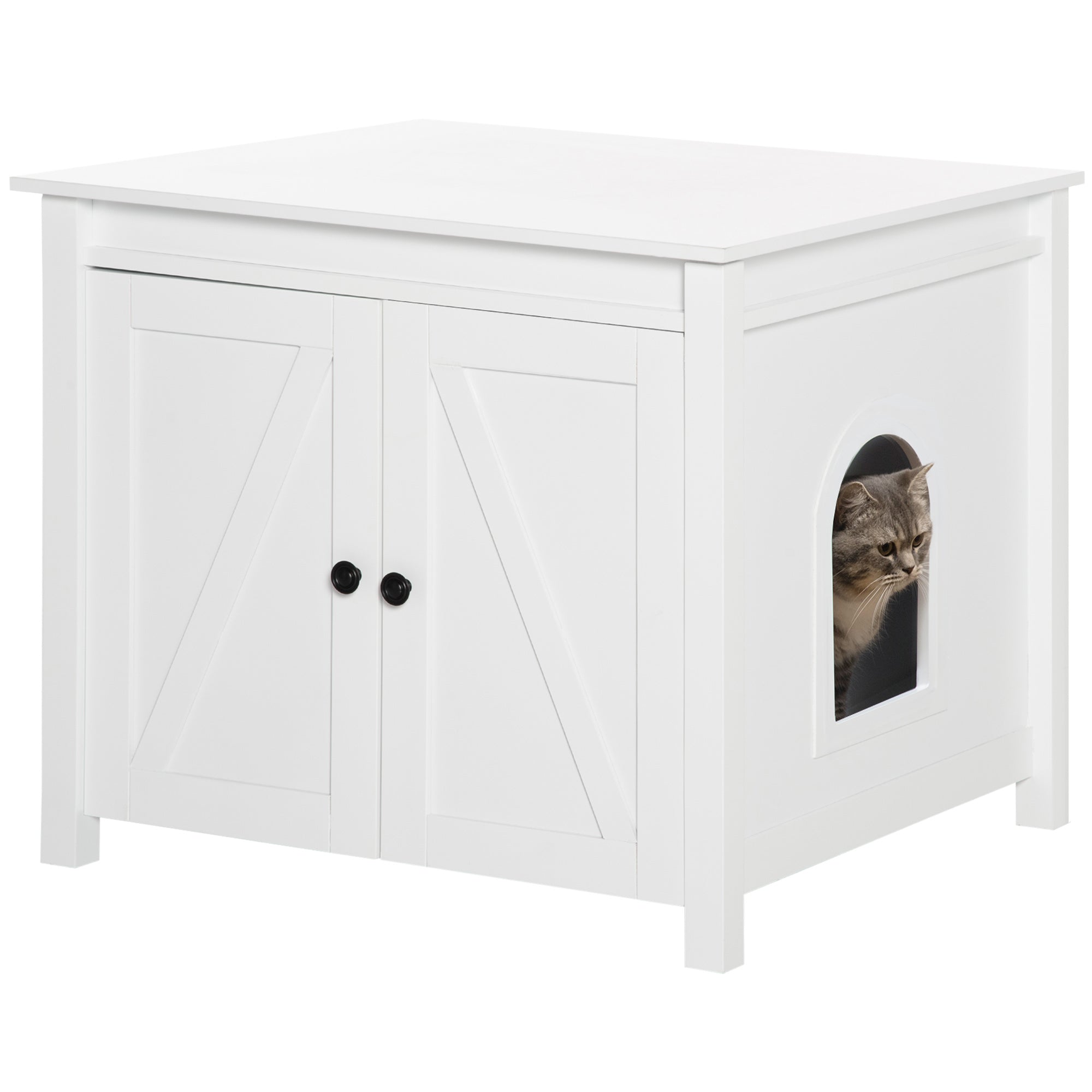 PawHut Cat Litter Box Enclosure with Openable Top, Cat Washroom Storage Side Table with Double Doors, Zinc Alloy Handles, for Indoor Use, White