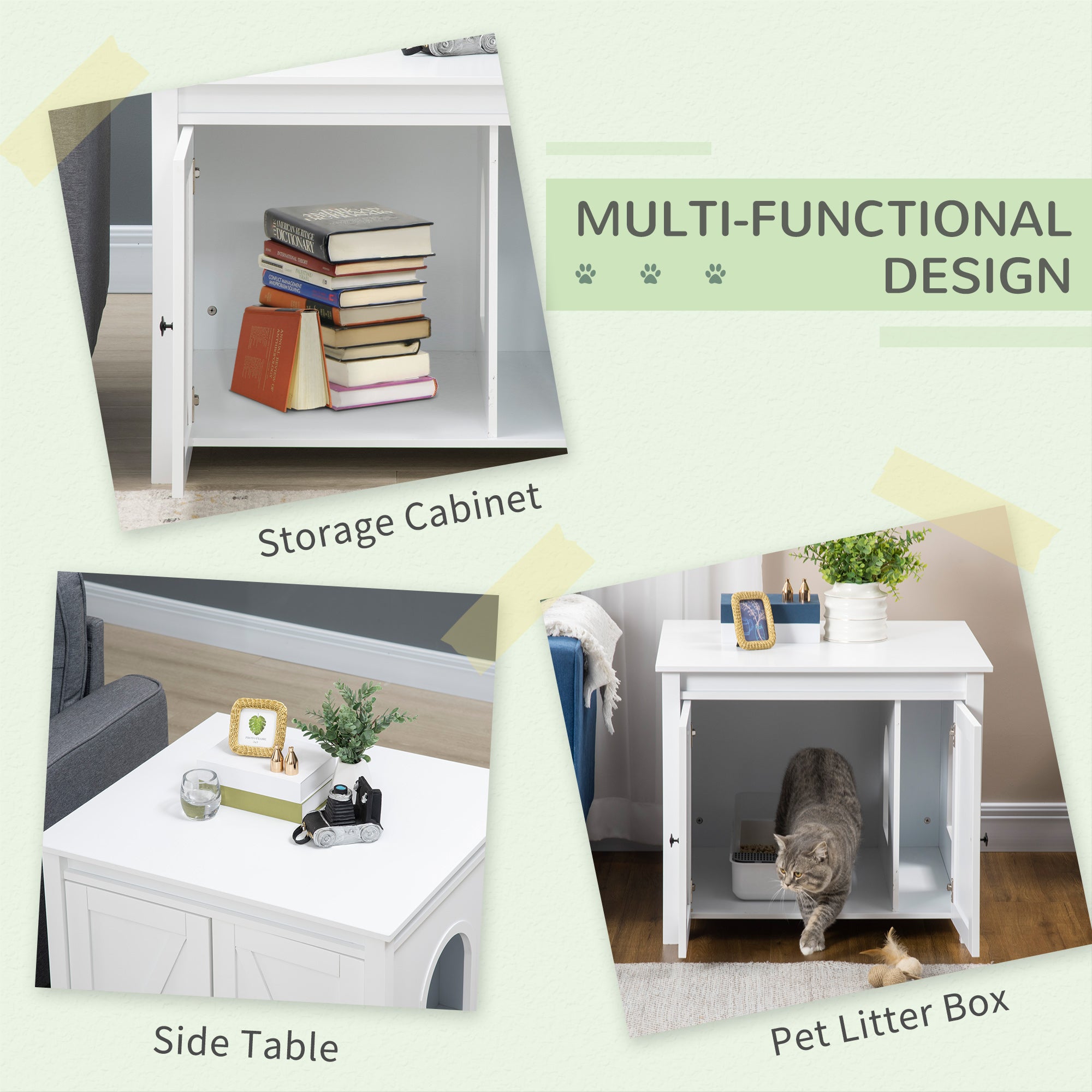 PawHut Cat Litter Box Enclosure with Openable Top, Cat Washroom Storage Side Table with Double Doors, Zinc Alloy Handles, for Indoor Use, White
