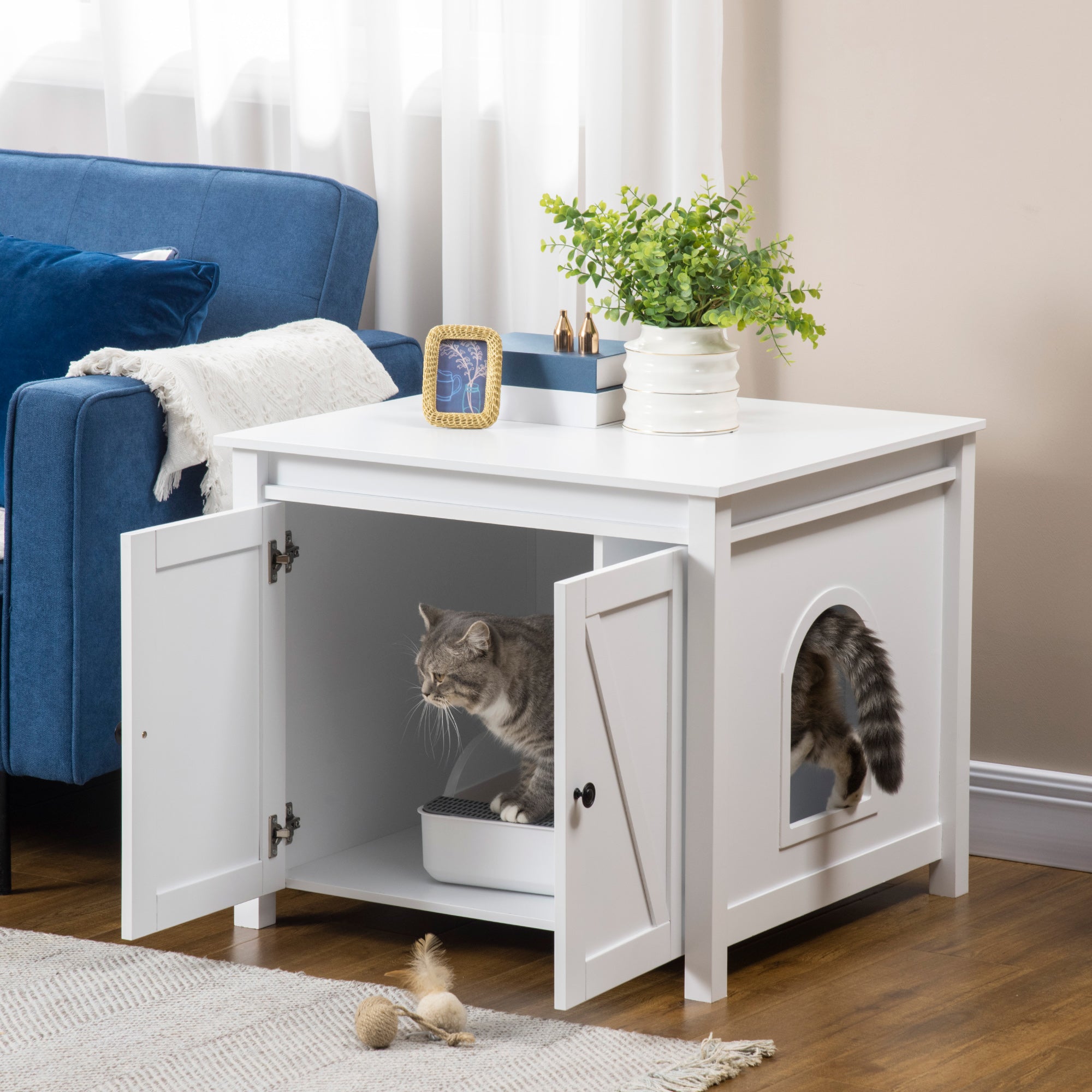 PawHut Cat Litter Box Enclosure with Openable Top, Cat Washroom Storage Side Table with Double Doors, Zinc Alloy Handles, for Indoor Use, White