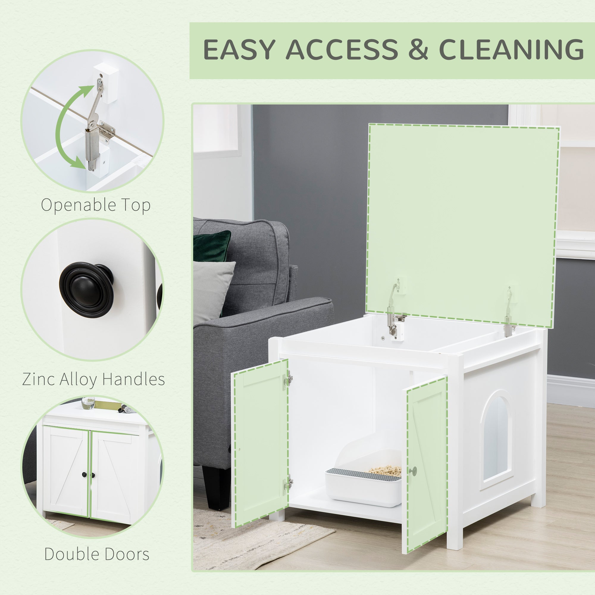 PawHut Cat Litter Box Enclosure with Openable Top, Cat Washroom Storage Side Table with Double Doors, Zinc Alloy Handles, for Indoor Use, White