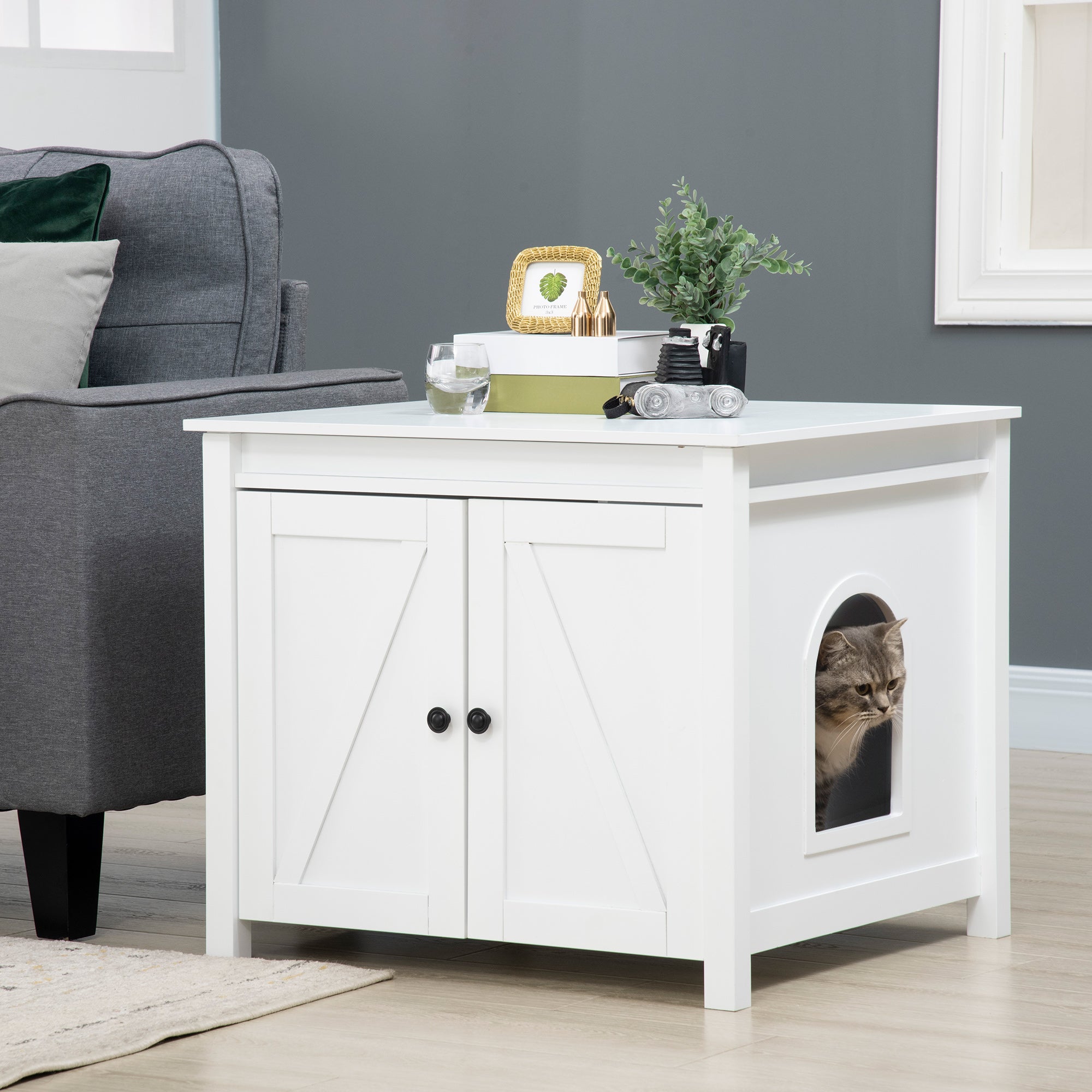 PawHut Cat Litter Box Enclosure with Openable Top, Cat Washroom Storage Side Table with Double Doors, Zinc Alloy Handles, for Indoor Use, White