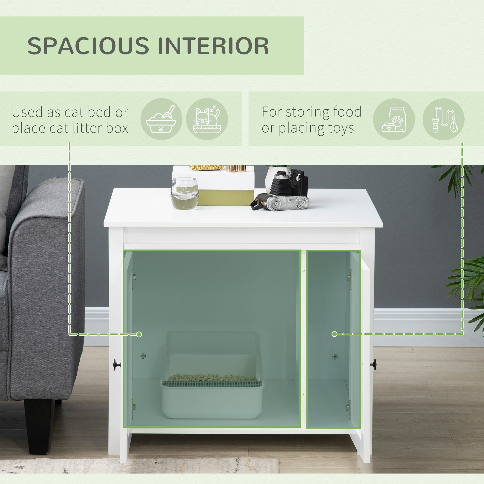 PawHut Cat Litter Box Enclosure with Openable Top, Cat Washroom Storage Side Table with Double Doors, Zinc Alloy Handles, for Indoor Use, White