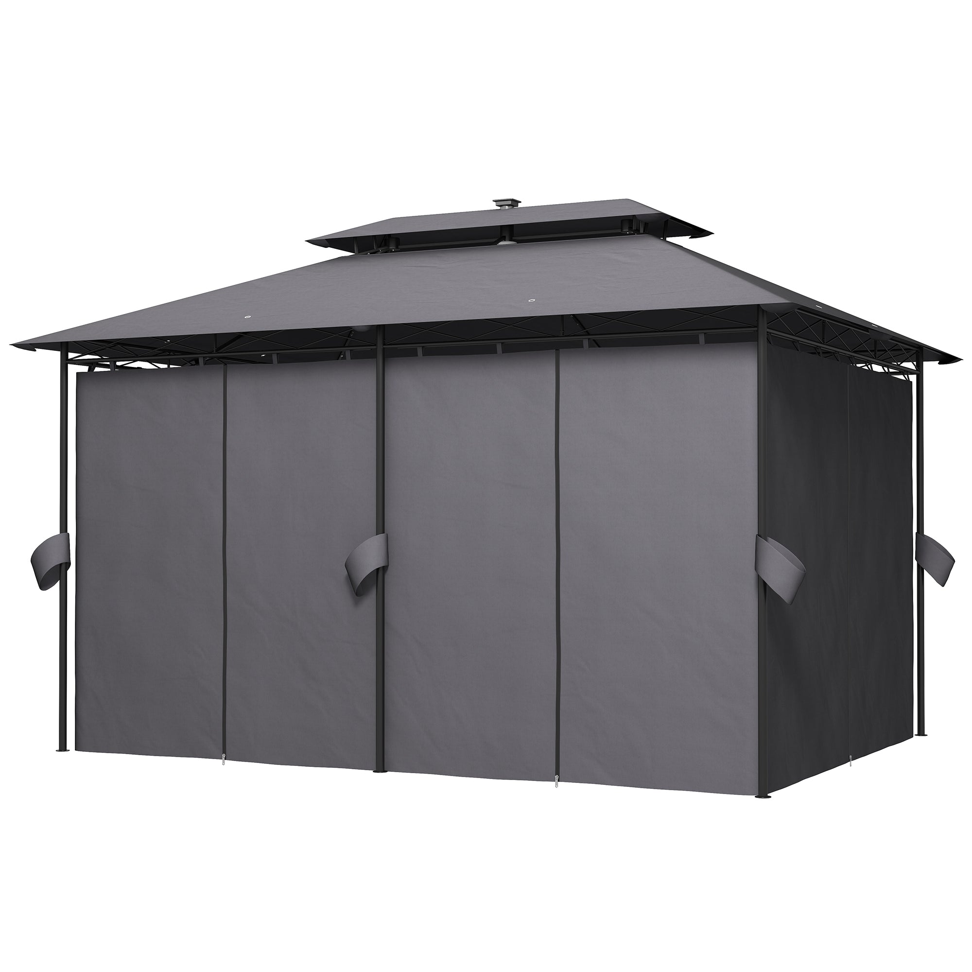 Outsunny 10' x 13' Outdoor Gazebo with Curtains and Solar-Powered LED Lights, Double Roof Patio Gazebo, Metal Gazebo Canopy Shelter for Deck, Lawn, Backyard, Garden