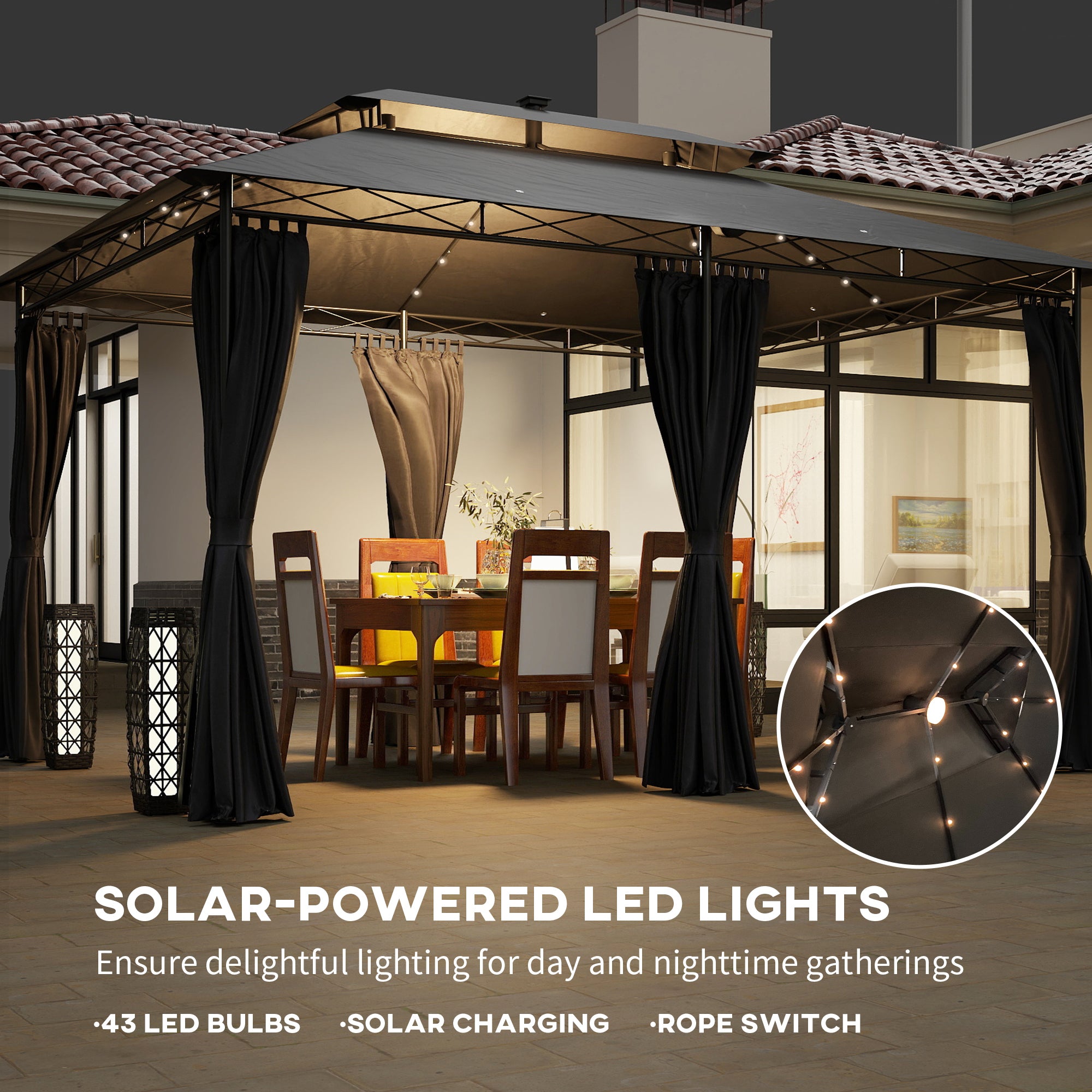 Outsunny 10' x 13' Outdoor Gazebo with Curtains and Solar-Powered LED Lights, Double Roof Patio Gazebo, Metal Gazebo Canopy Shelter for Deck, Lawn, Backyard, Garden