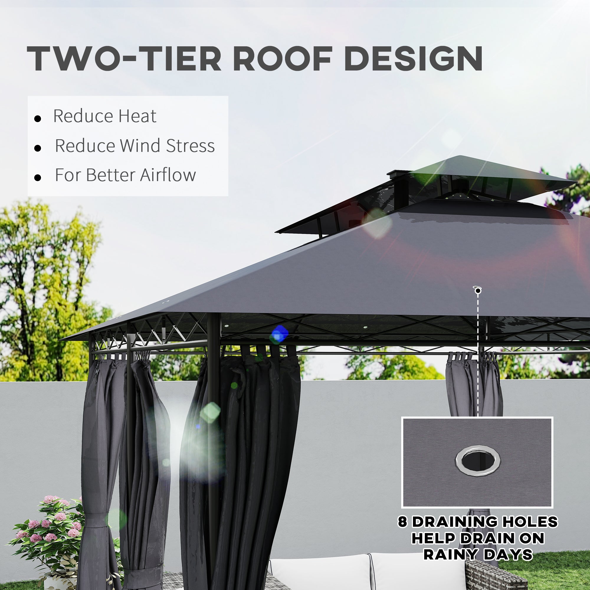 Outsunny 10' x 13' Outdoor Gazebo with Curtains and Solar-Powered LED Lights, Double Roof Patio Gazebo, Metal Gazebo Canopy Shelter for Deck, Lawn, Backyard, Garden
