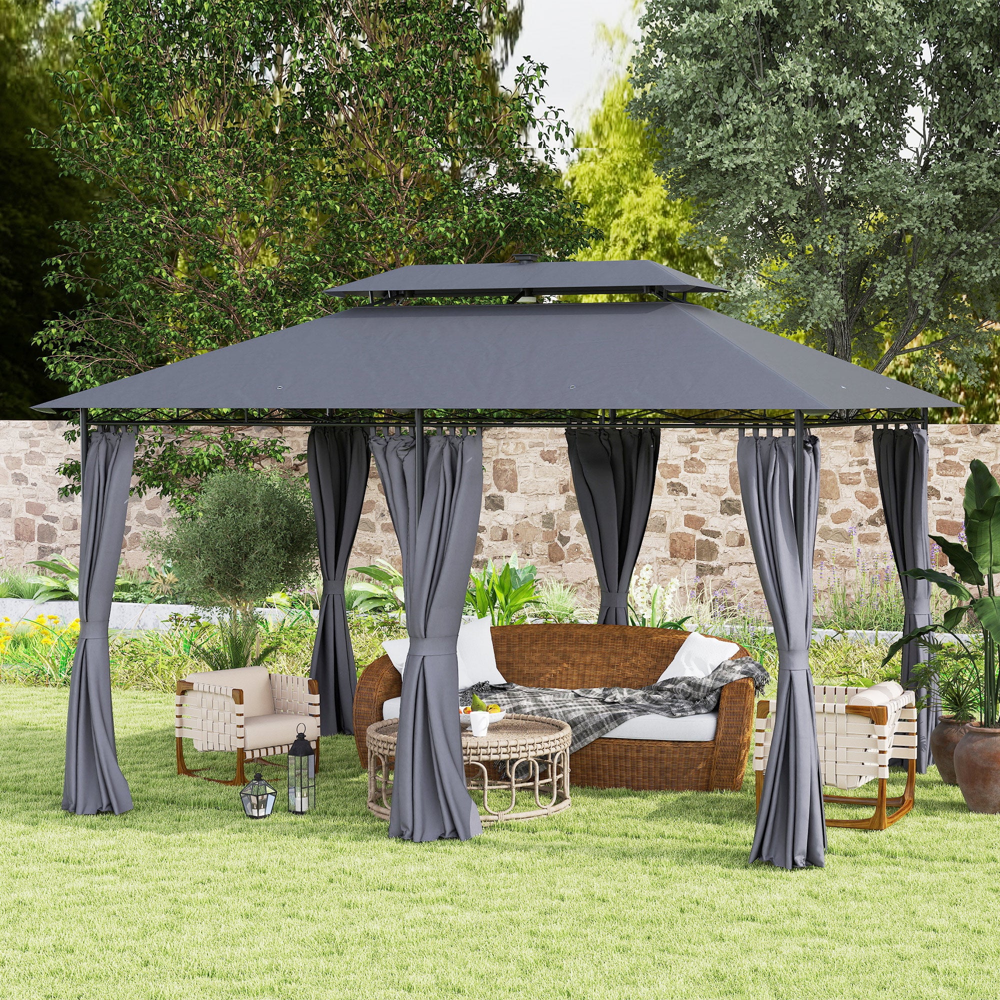 Outsunny 10' x 13' Outdoor Gazebo with Curtains and Solar-Powered LED Lights, Double Roof Patio Gazebo, Metal Gazebo Canopy Shelter for Deck, Lawn, Backyard, Garden