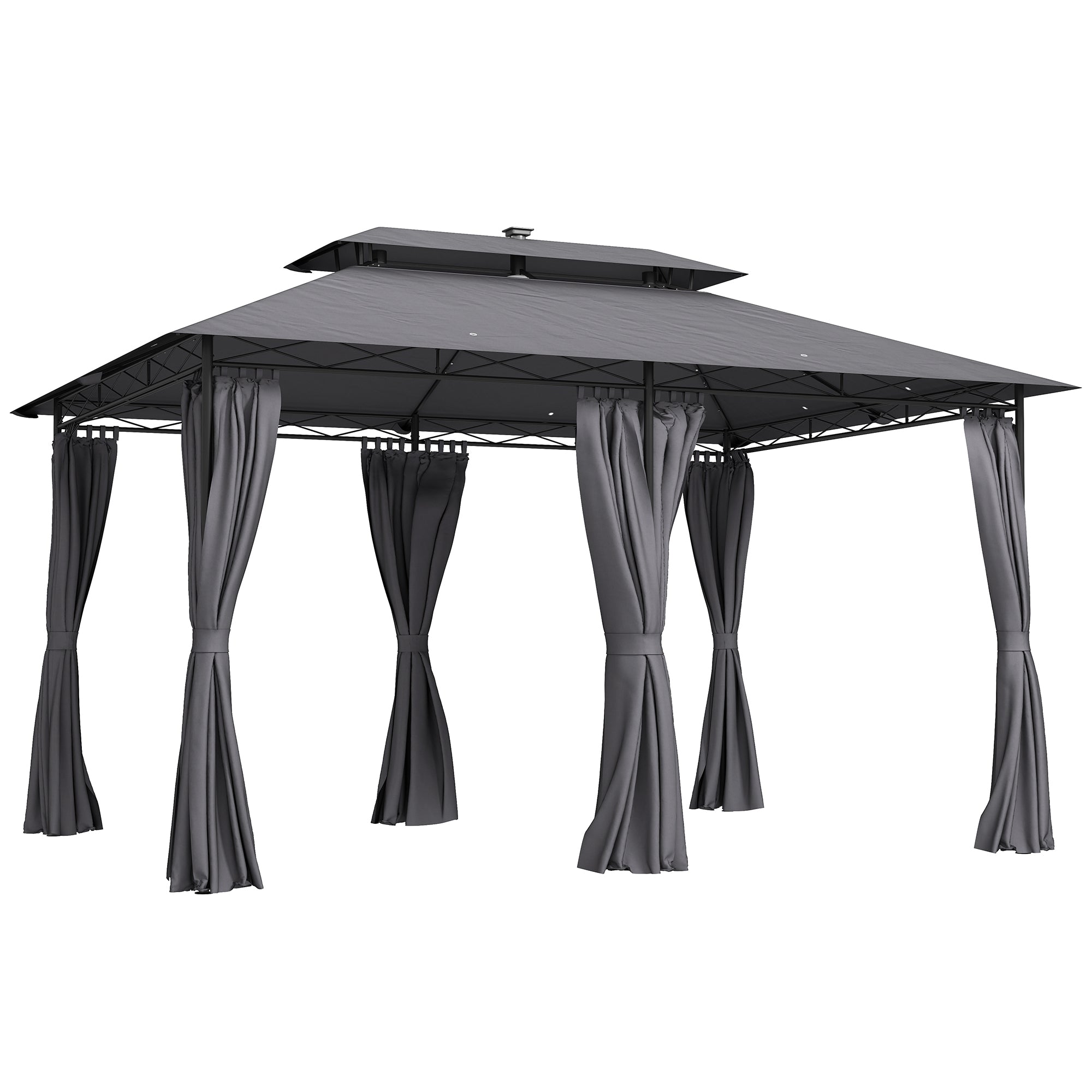 Outsunny 10' x 13' Outdoor Gazebo with Curtains and Solar-Powered LED Lights, Double Roof Patio Gazebo, Metal Gazebo Canopy Shelter for Deck, Lawn, Backyard, Garden