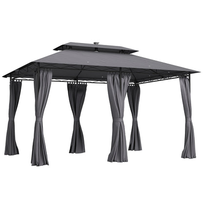 Outsunny 10' x 13' Outdoor Gazebo with Curtains and Solar-Powered LED Lights, Double Roof Patio Gazebo, Metal Gazebo Canopy Shelter for Deck, Lawn, Backyard, Garden