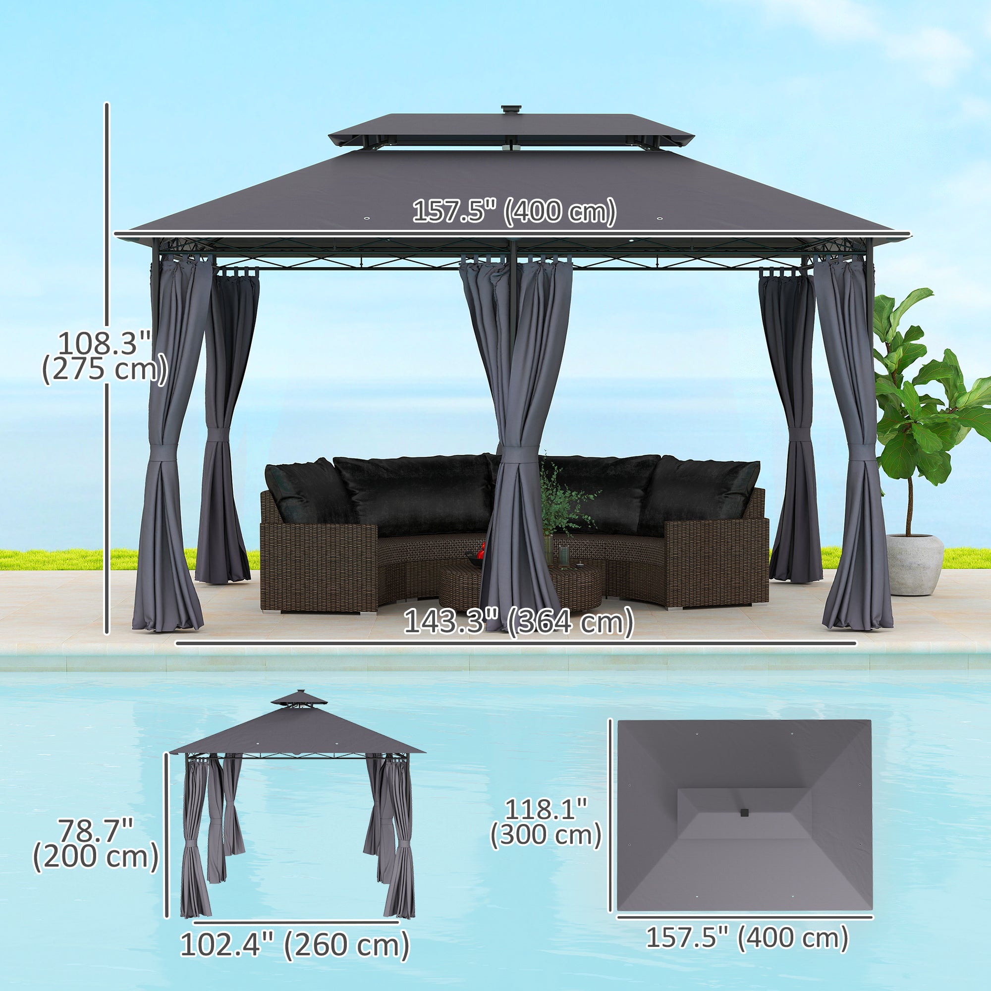 Outsunny 10' x 13' Outdoor Gazebo with Curtains and Solar-Powered LED Lights, Double Roof Patio Gazebo, Metal Gazebo Canopy Shelter for Deck, Lawn, Backyard, Garden