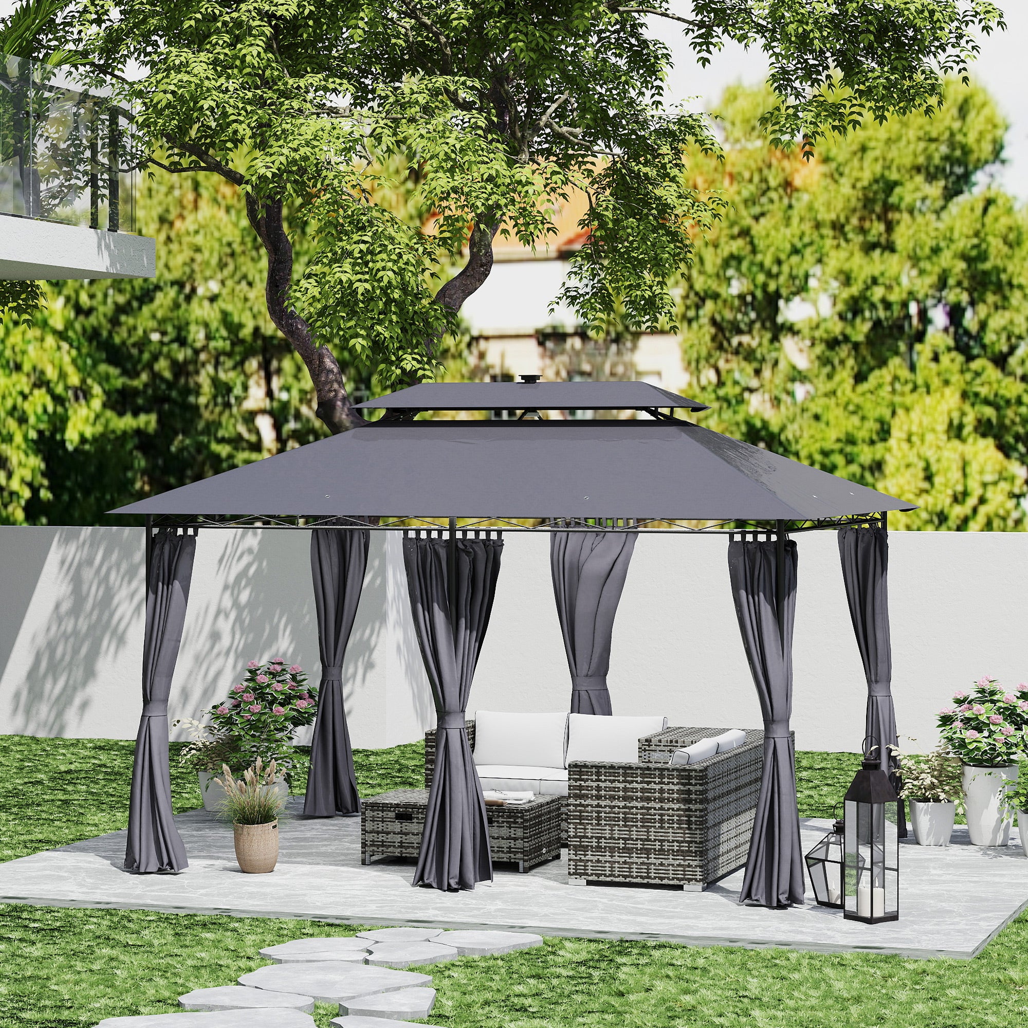 Outsunny 10' x 13' Outdoor Gazebo with Curtains and Solar-Powered LED Lights, Double Roof Patio Gazebo, Metal Gazebo Canopy Shelter for Deck, Lawn, Backyard, Garden