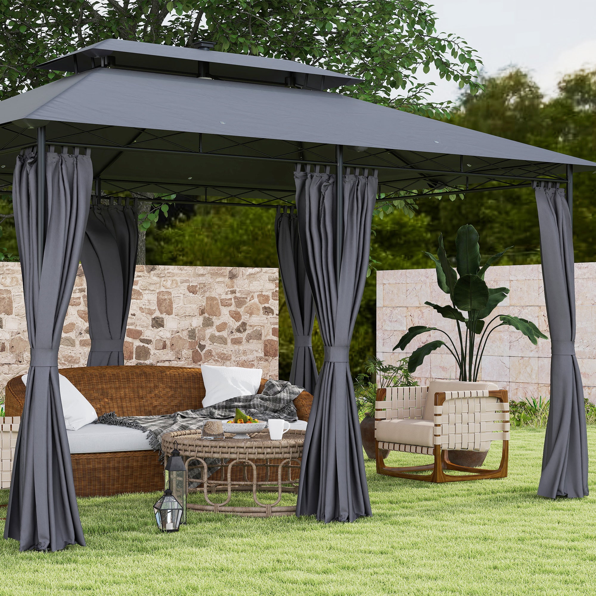 Outsunny 10' x 13' Outdoor Gazebo with Curtains and Solar-Powered LED Lights, Double Roof Patio Gazebo, Metal Gazebo Canopy Shelter for Deck, Lawn, Backyard, Garden