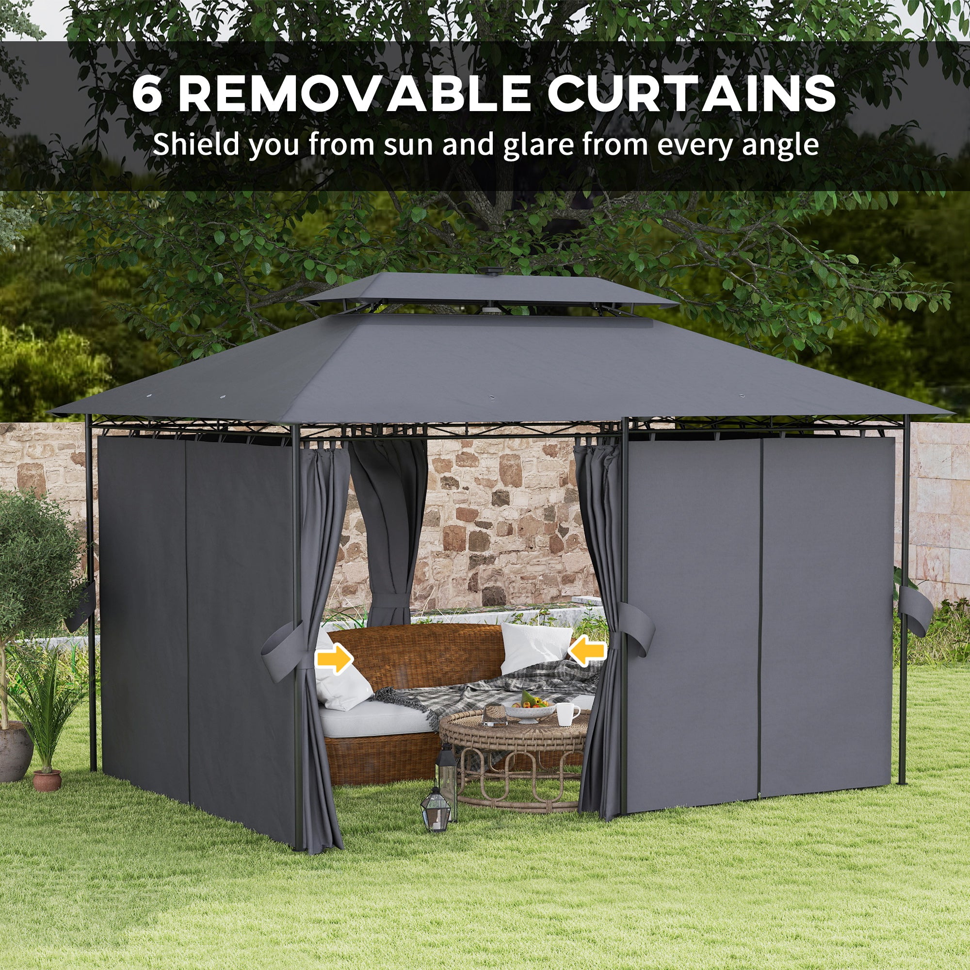 Outsunny 10' x 13' Outdoor Gazebo with Curtains and Solar-Powered LED Lights, Double Roof Patio Gazebo, Metal Gazebo Canopy Shelter for Deck, Lawn, Backyard, Garden