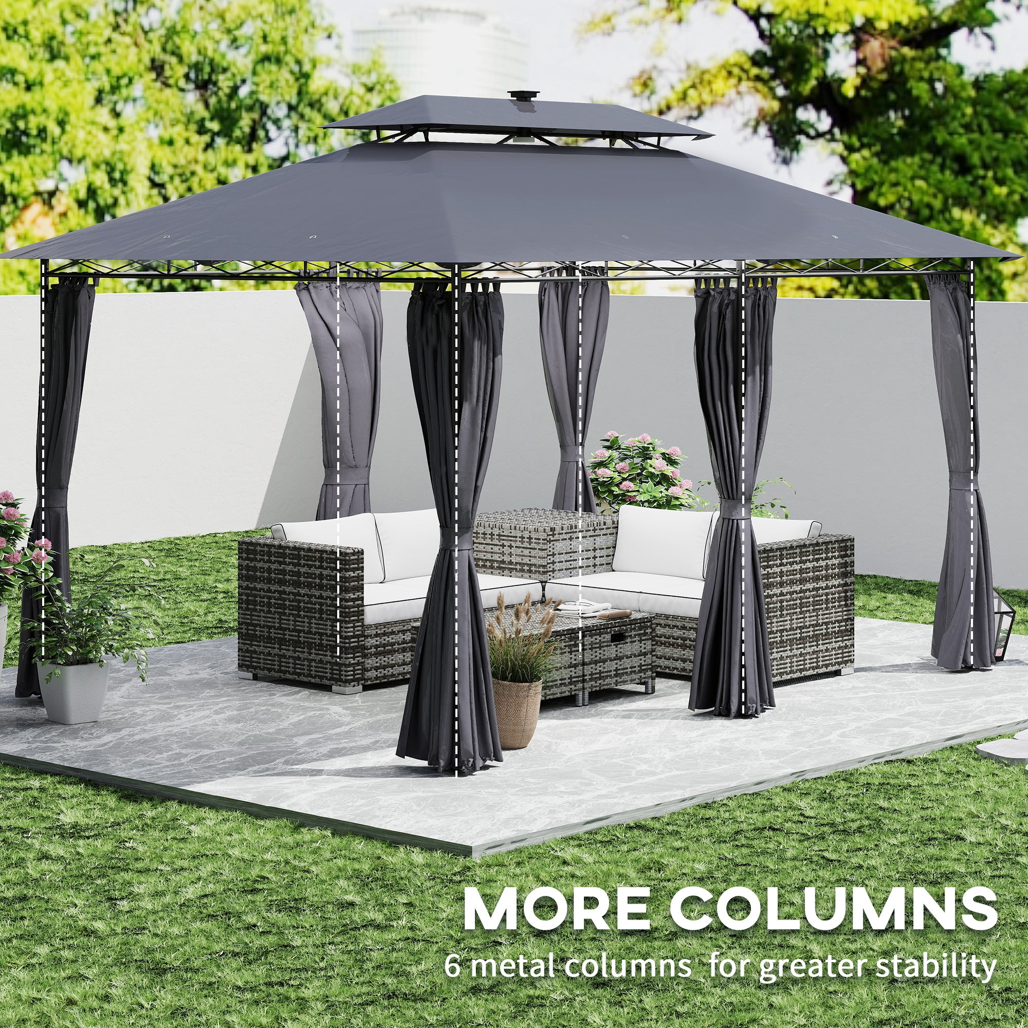 Outsunny 10' x 13' Outdoor Gazebo with Curtains and Solar-Powered LED Lights, Double Roof Patio Gazebo, Metal Gazebo Canopy Shelter for Deck, Lawn, Backyard, Garden