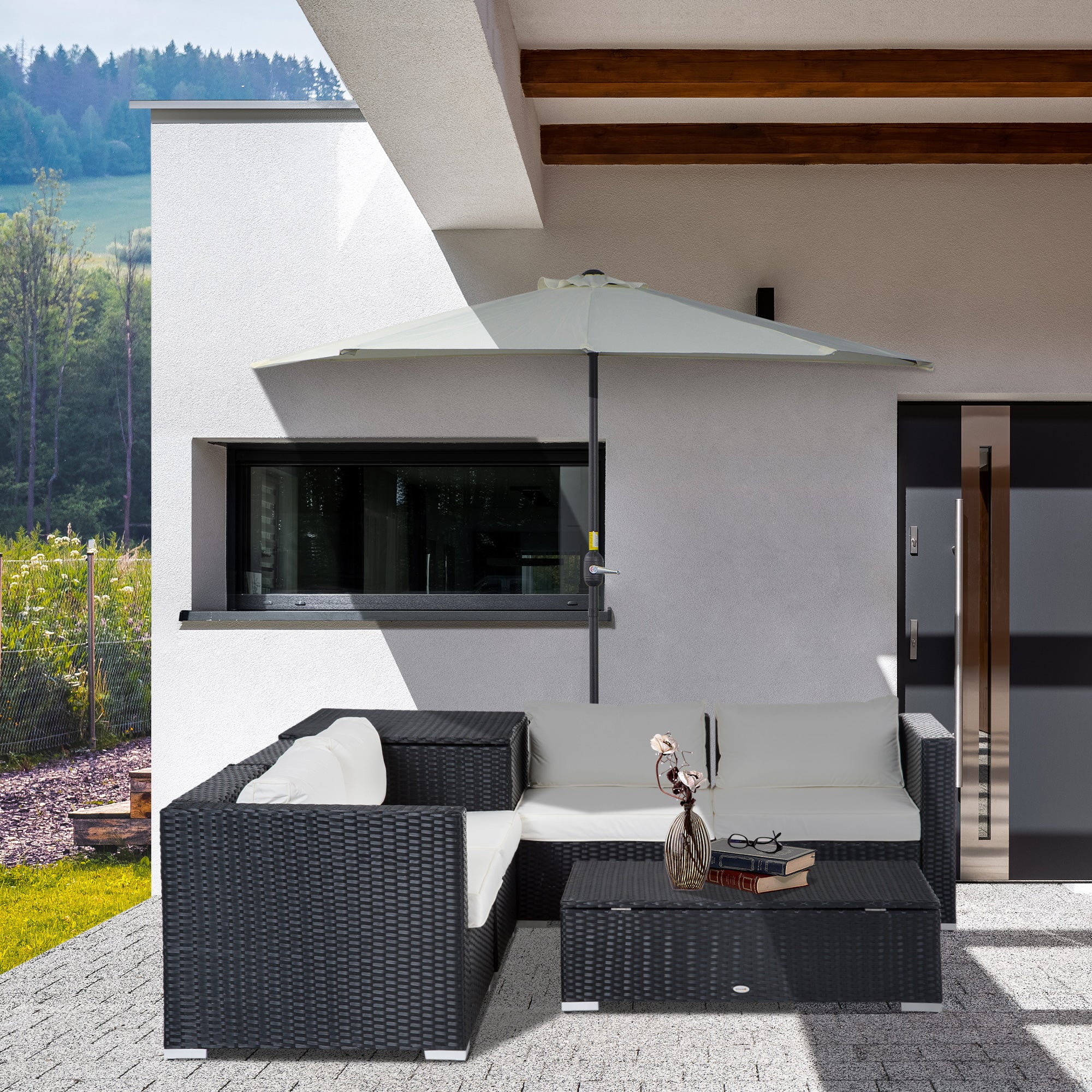 Outsunny 6 Pieces Patio Furniture Set with Cushion, Outdoor PE Rattan Wicker Sectional Conversation Furniture Sofa with Storage Table and Coffee Table, Beige