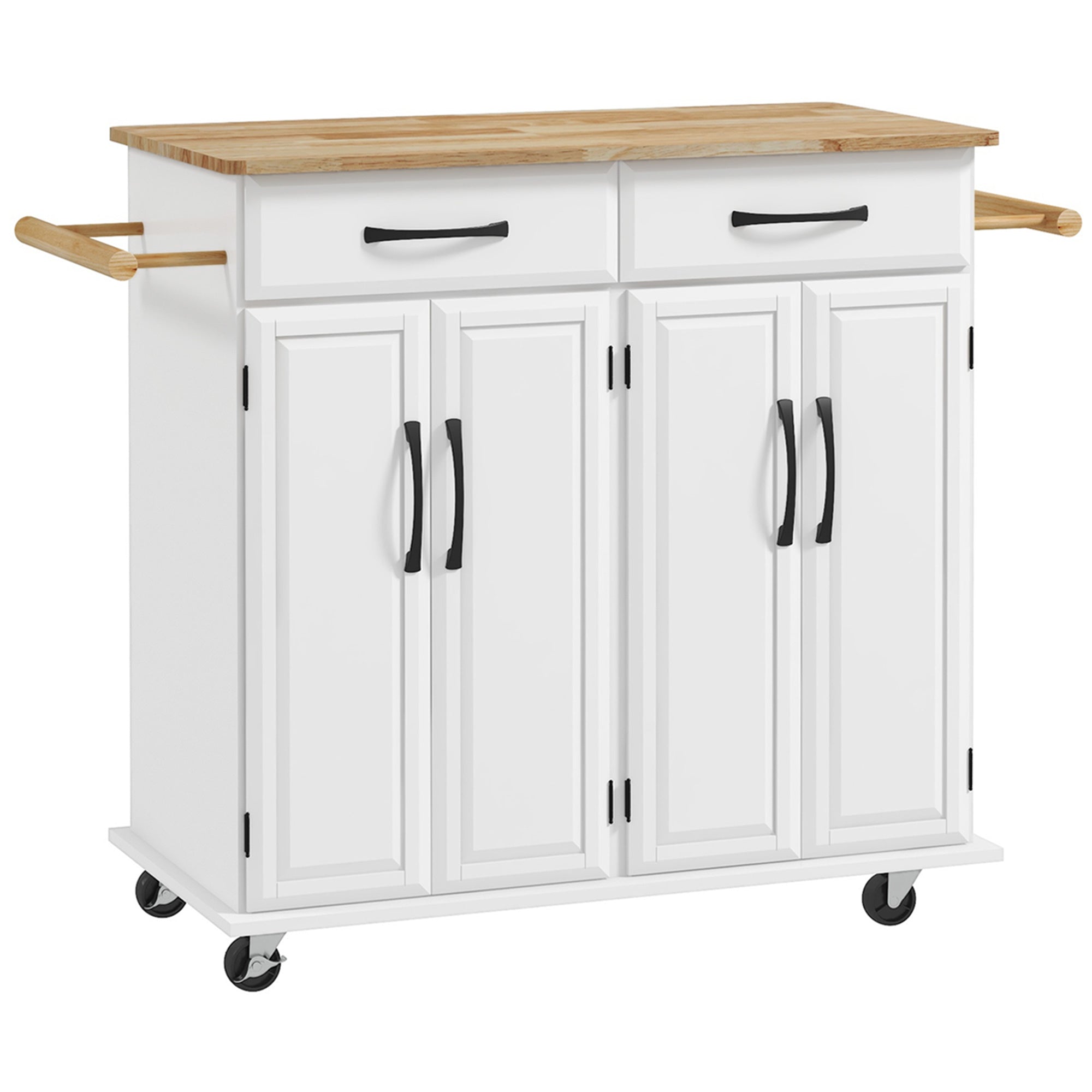 HOMCOM Kitchen Island with Storage, Rolling Kitchen Cart on Wheels with 2 Drawers, 2 Cabinets, Rubberwood Top and Towel Racks (White)