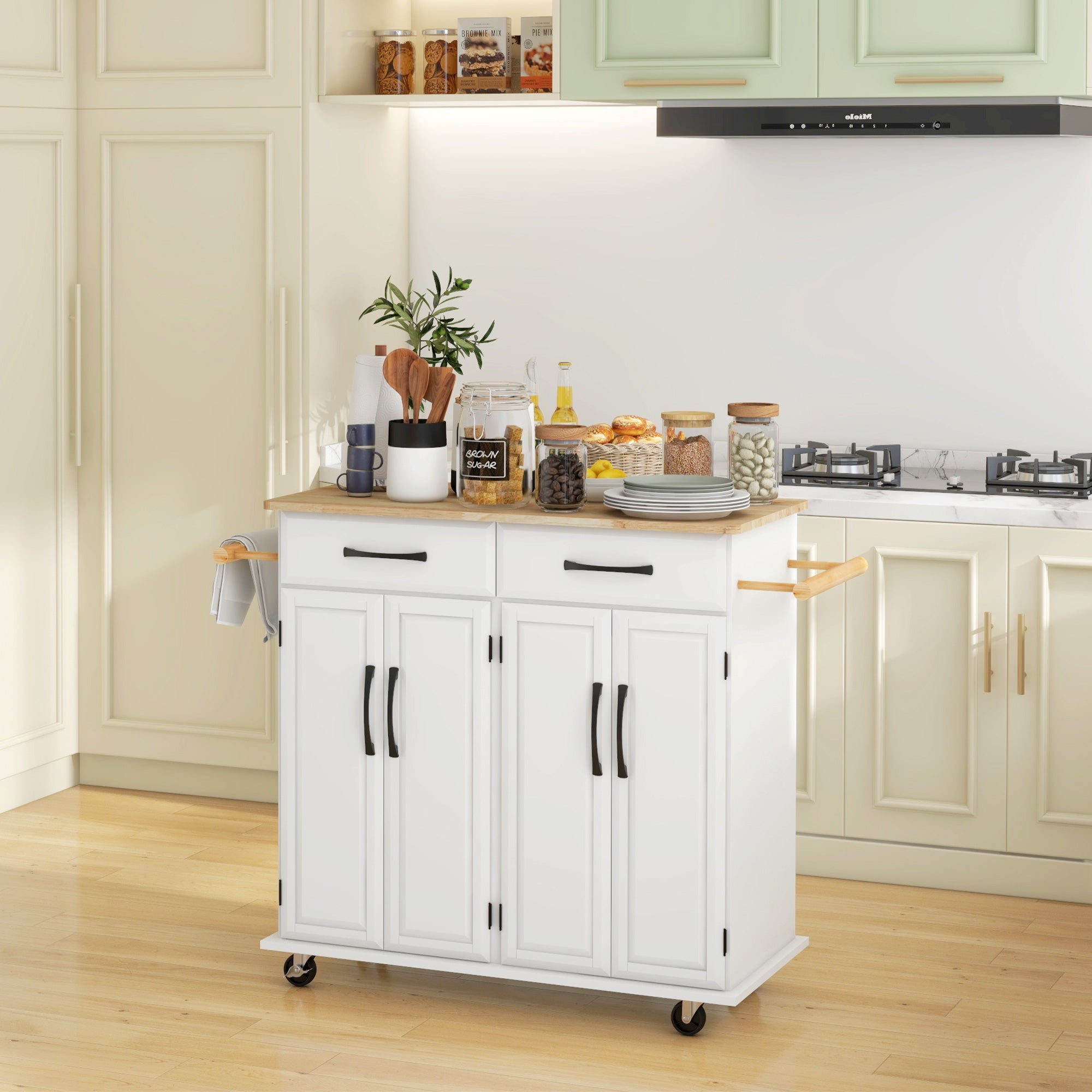 HOMCOM Kitchen Island with Storage, Rolling Kitchen Cart on Wheels with 2 Drawers, 2 Cabinets, Rubberwood Top and Towel Racks (White)