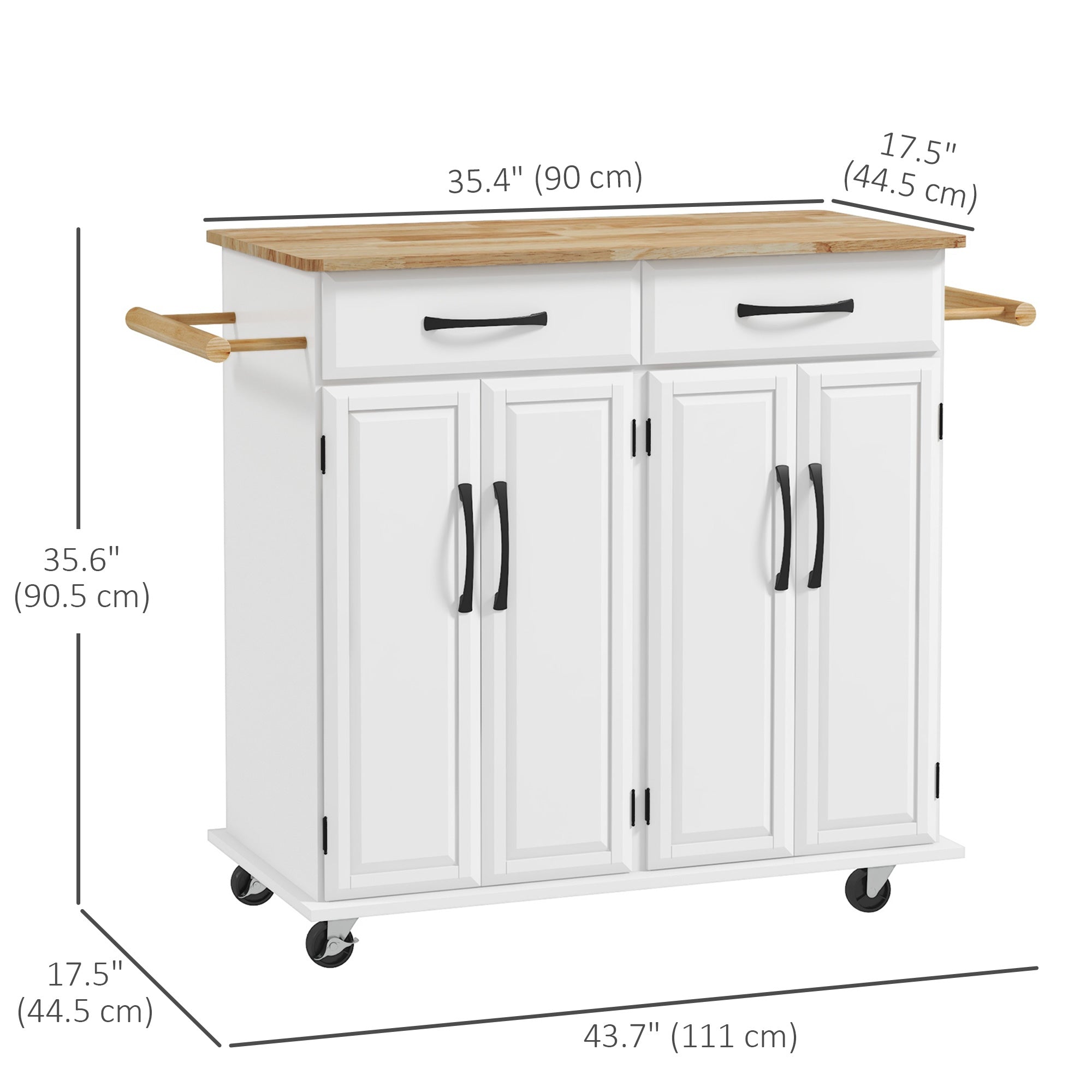 HOMCOM Kitchen Island with Storage, Rolling Kitchen Cart on Wheels with 2 Drawers, 2 Cabinets, Rubberwood Top and Towel Racks (White)